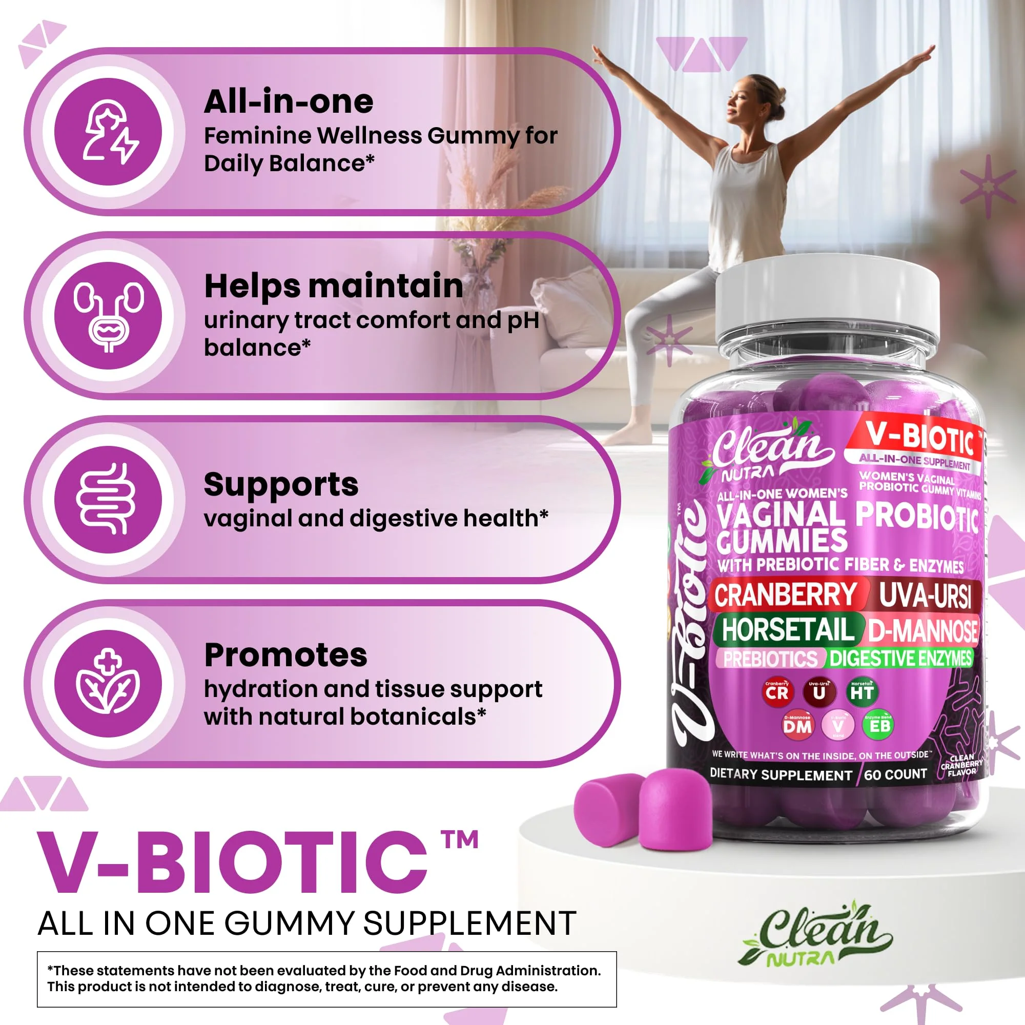 Clean Nutra Vbiotic Gummies, Cranberry, Horsetail, D-Mannose, UVA-Ursi, Probiotic Blend, Enzyme Blend, 60 Count (2) - Image 6