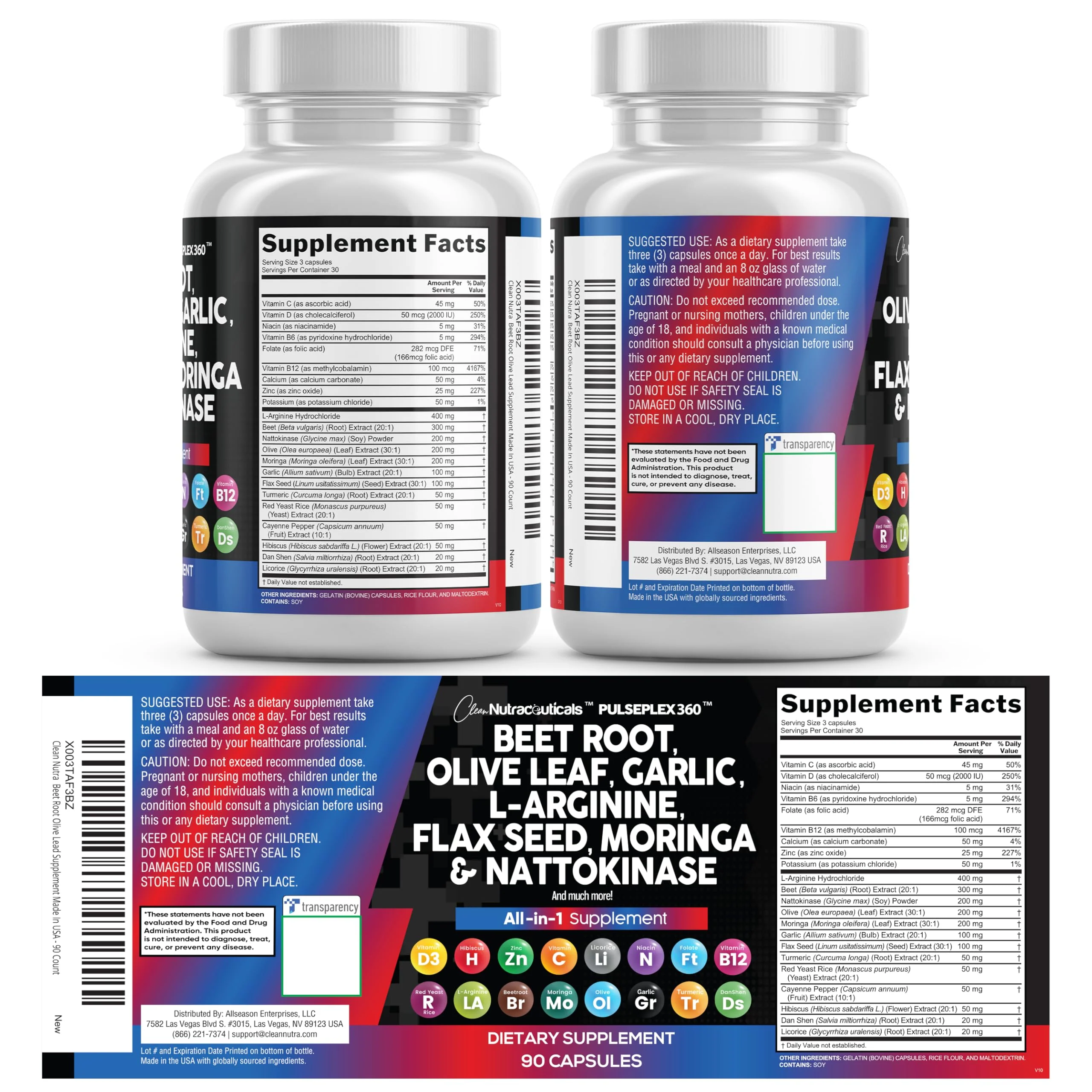 Clean Nutraceuticals Beet Root Capsules Olive Leaf Nattokinase Garlic Extract L-Arginine Omega 3 Red Yeast Rice Hibiscus Danshen - Healthy Support Supplement - 90 Ct - Image 2