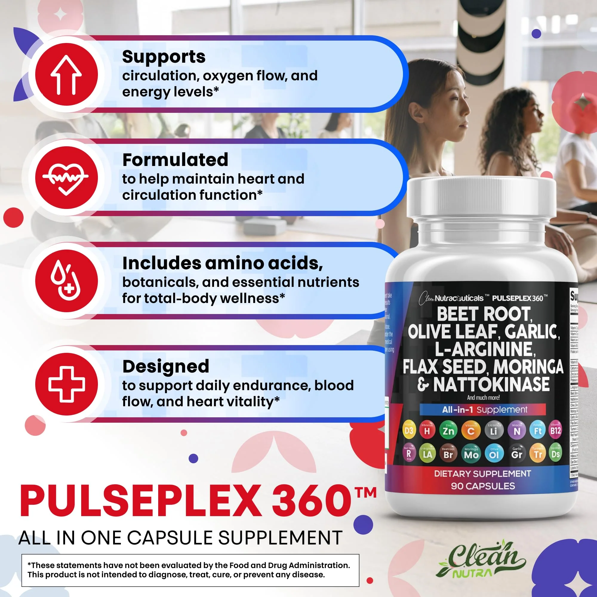 Clean Nutraceuticals Beet Root Capsules Olive Leaf Nattokinase Garlic Extract L-Arginine Omega 3 Red Yeast Rice Hibiscus Danshen - Healthy Support Supplement - 90 Ct - Image 5