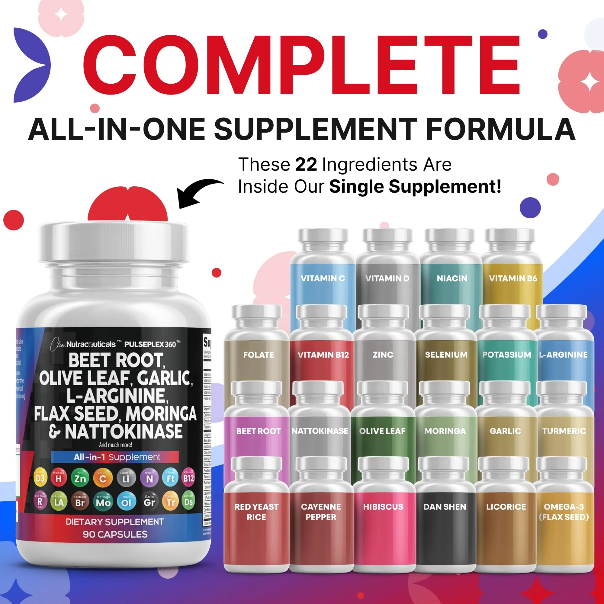 Clean Nutraceuticals Beet Root Capsules Olive Leaf Nattokinase Garlic Extract L-Arginine Omega 3 Red Yeast Rice Hibiscus Danshen - Healthy Support Supplement - 90 Ct - Image 8