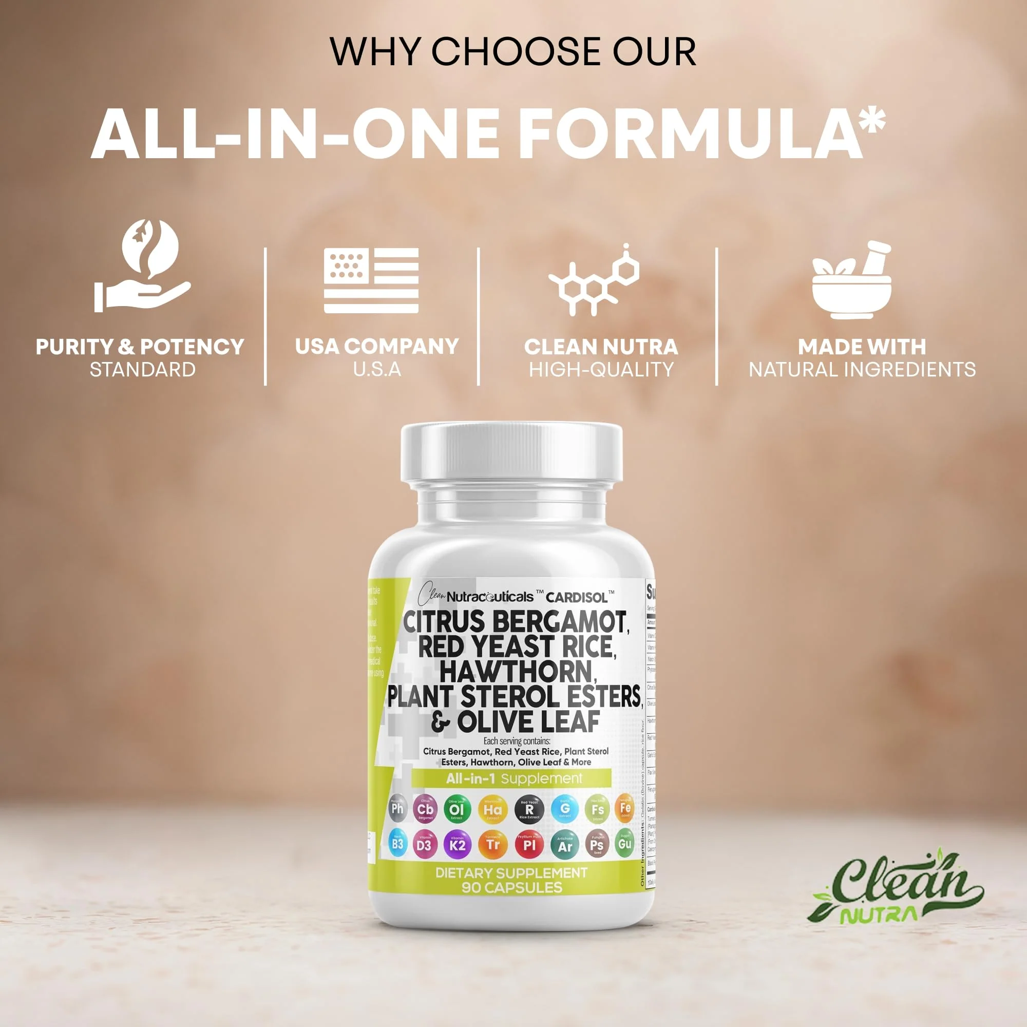 Clean Nutraceuticals Citrus Bergamot Red Yeast Rice Capsules with Plant Sterols - with Hawthorn Extract Olive Leaf Niacin Vitamin K3 D3 COQ10 Guggul & More - Image 3