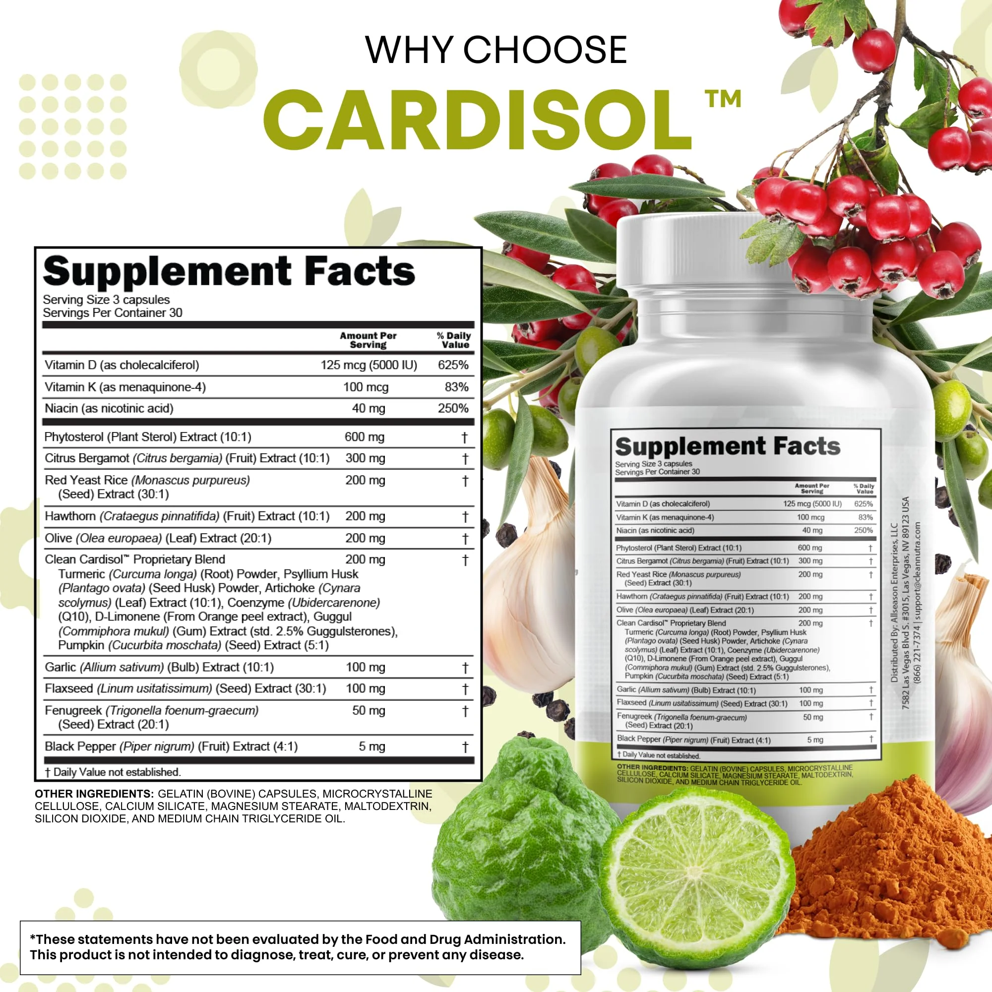 Clean Nutraceuticals Citrus Bergamot Red Yeast Rice Capsules with Plant Sterols - with Hawthorn Extract Olive Leaf Niacin Vitamin K3 D3 COQ10 Guggul & More - Image 6