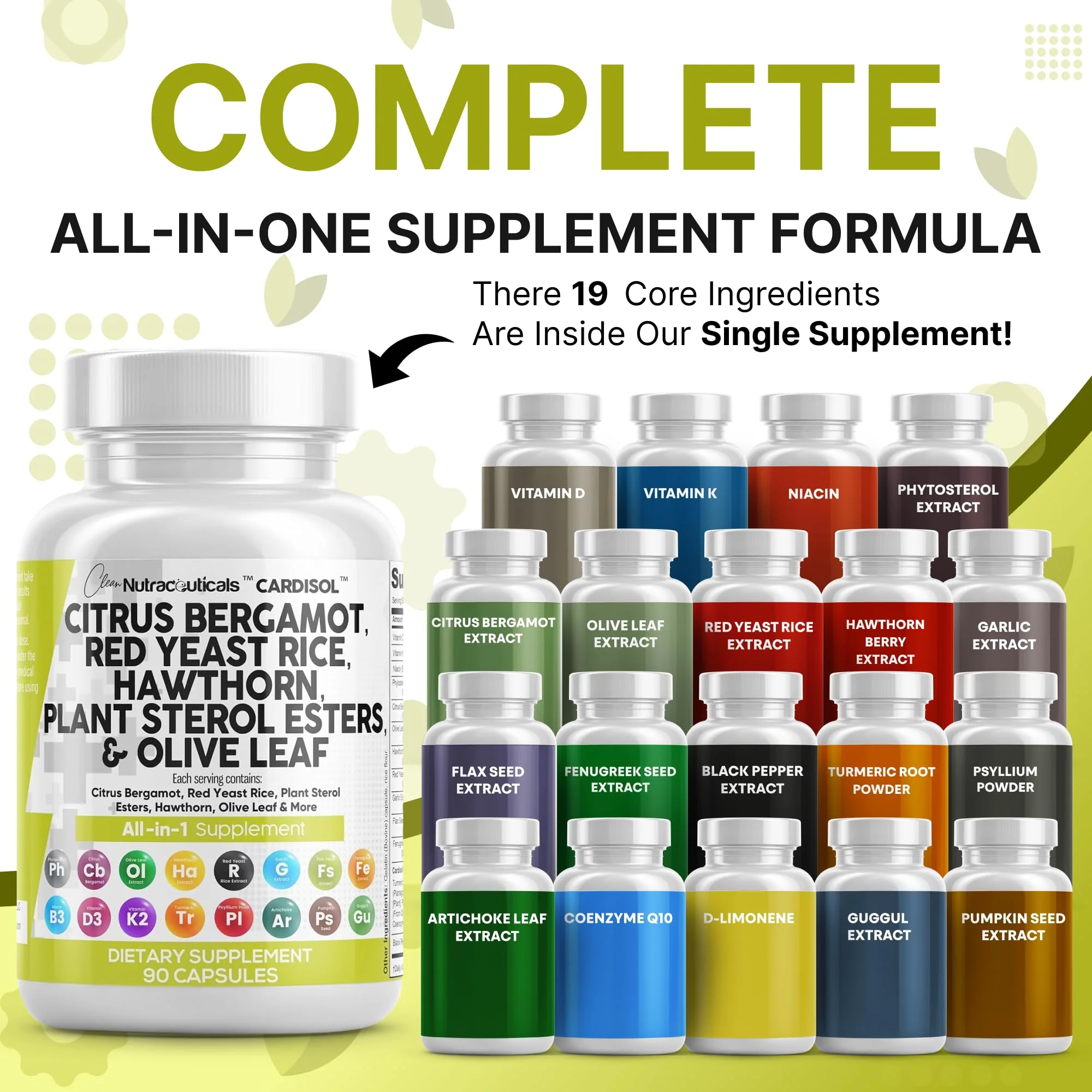 Clean Nutraceuticals Citrus Bergamot Red Yeast Rice Capsules with Plant Sterols - with Hawthorn Extract Olive Leaf Niacin Vitamin K3 D3 COQ10 Guggul & More - Image 8