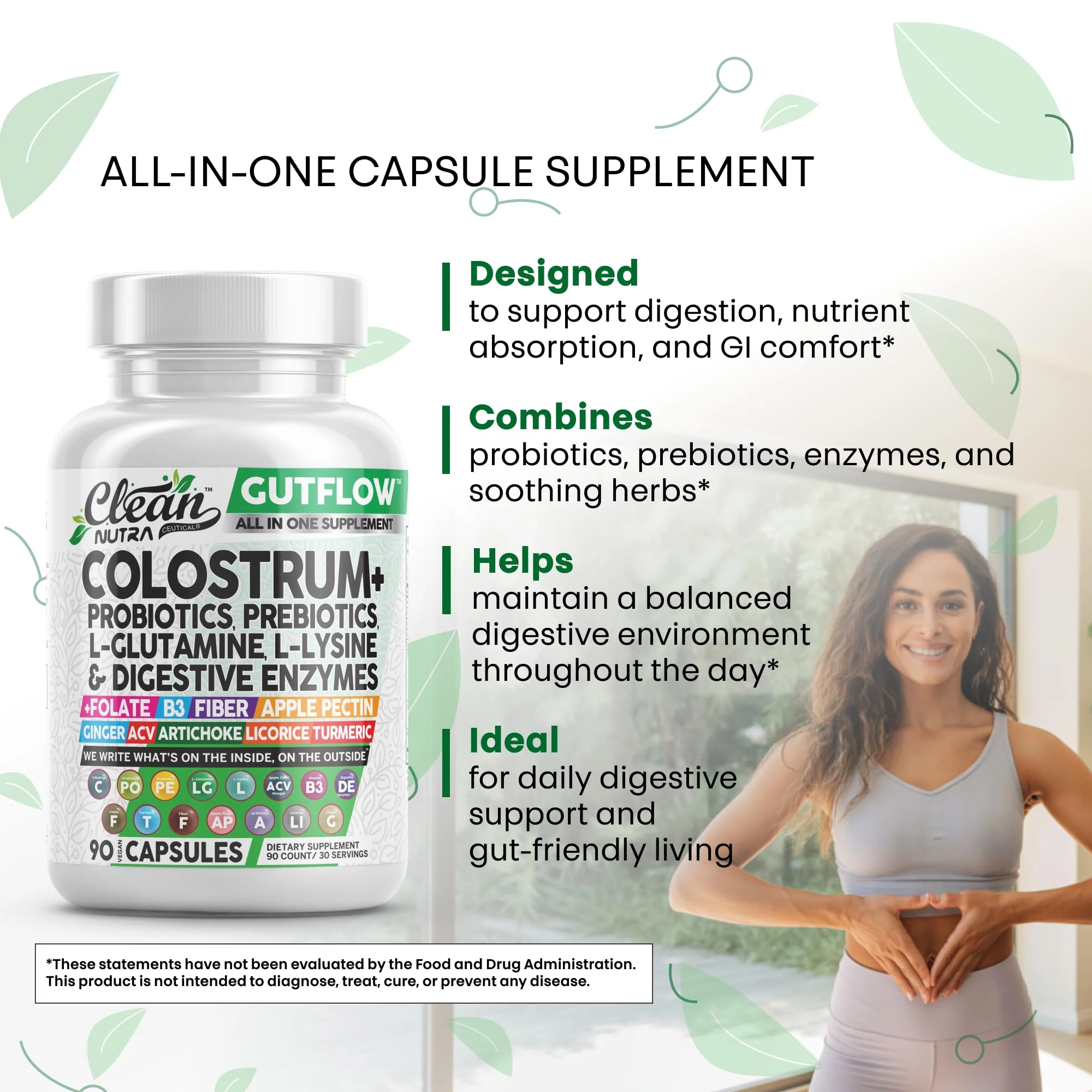 Clean Nutraceuticals Colostrum Supplement Capsules Probiotics Pills Prebiotics, L-Glutamine, Digestive Enzymes, Folate, Fiber, ACV, Turmeric, Apple Pectin and Turmeric Pills - Image 4