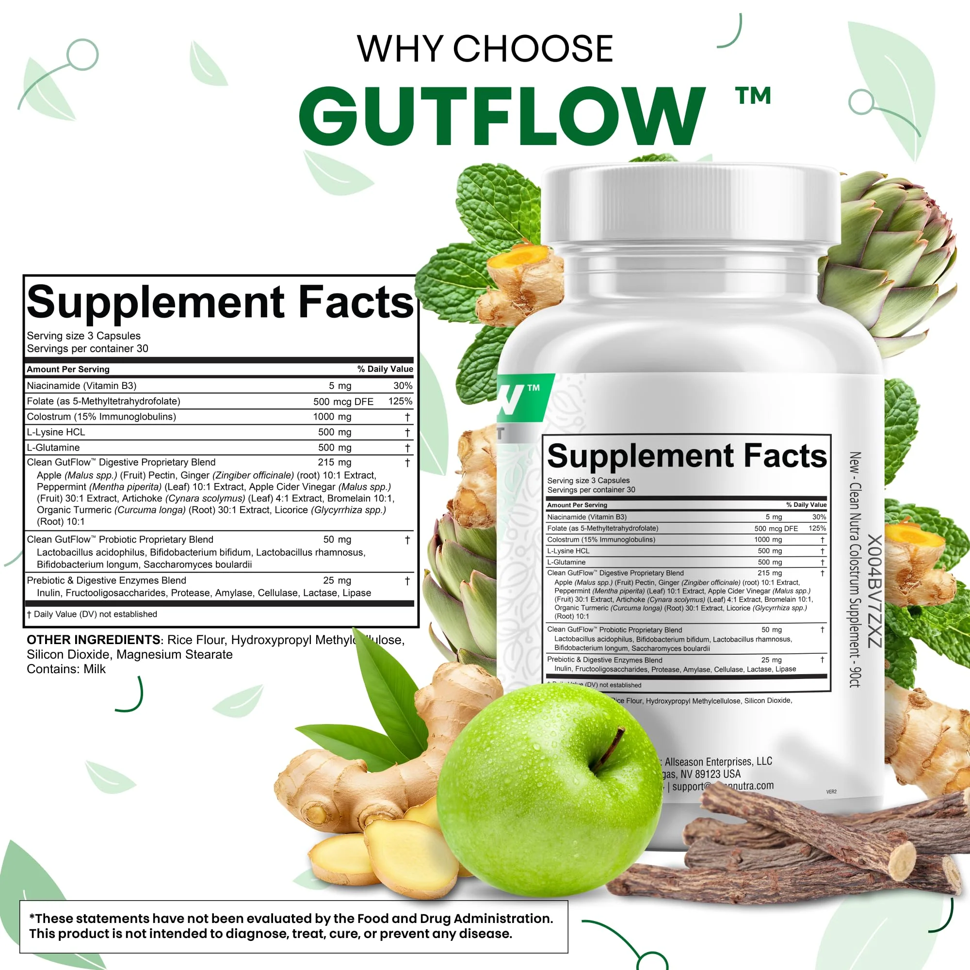 Clean Nutraceuticals Colostrum Supplement Capsules Probiotics Pills Prebiotics, L-Glutamine, Digestive Enzymes, Folate, Fiber, ACV, Turmeric, Apple Pectin and Turmeric Pills - Image 6