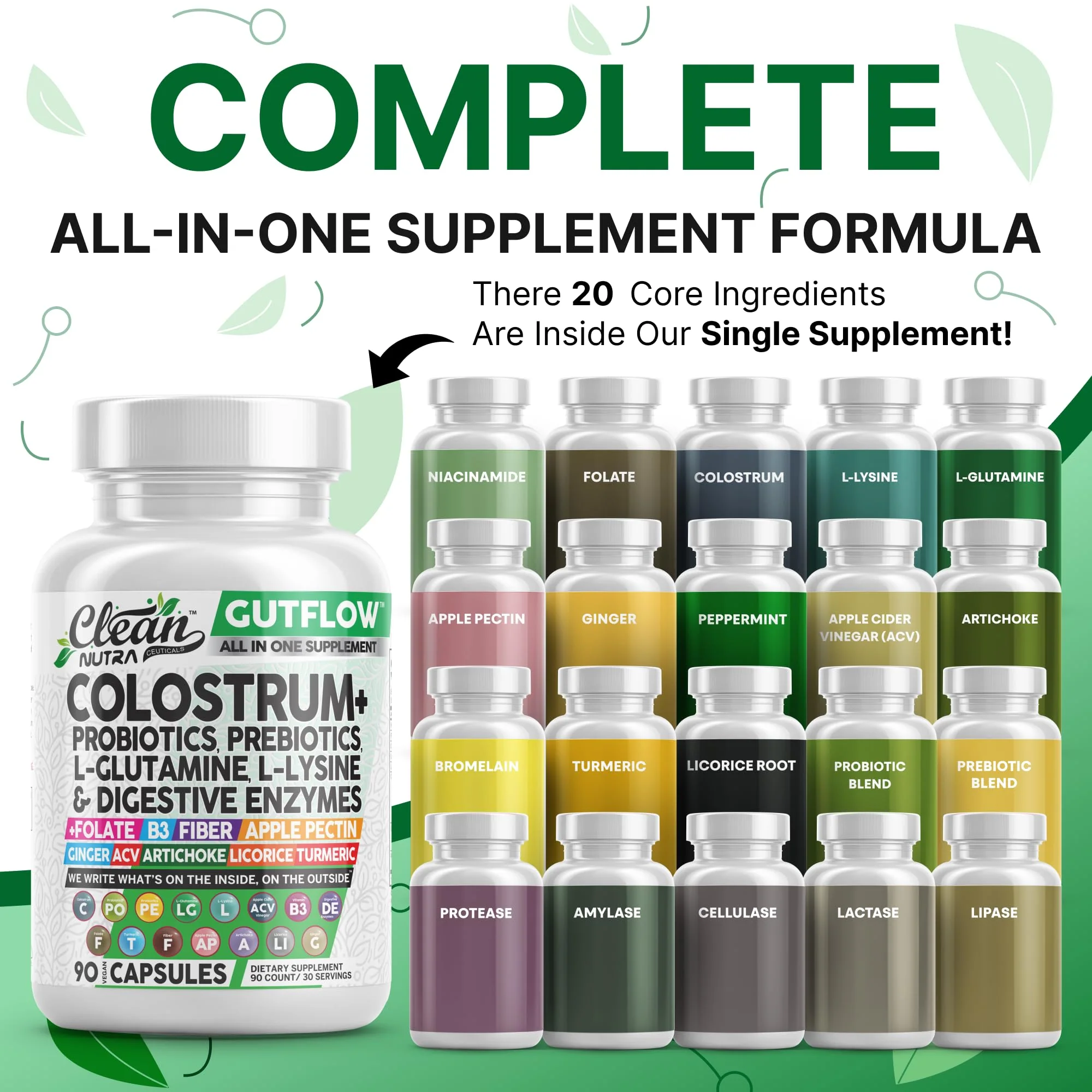 Clean Nutraceuticals Colostrum Supplement Capsules Probiotics Pills Prebiotics, L-Glutamine, Digestive Enzymes, Folate, Fiber, ACV, Turmeric, Apple Pectin and Turmeric Pills - Image 8