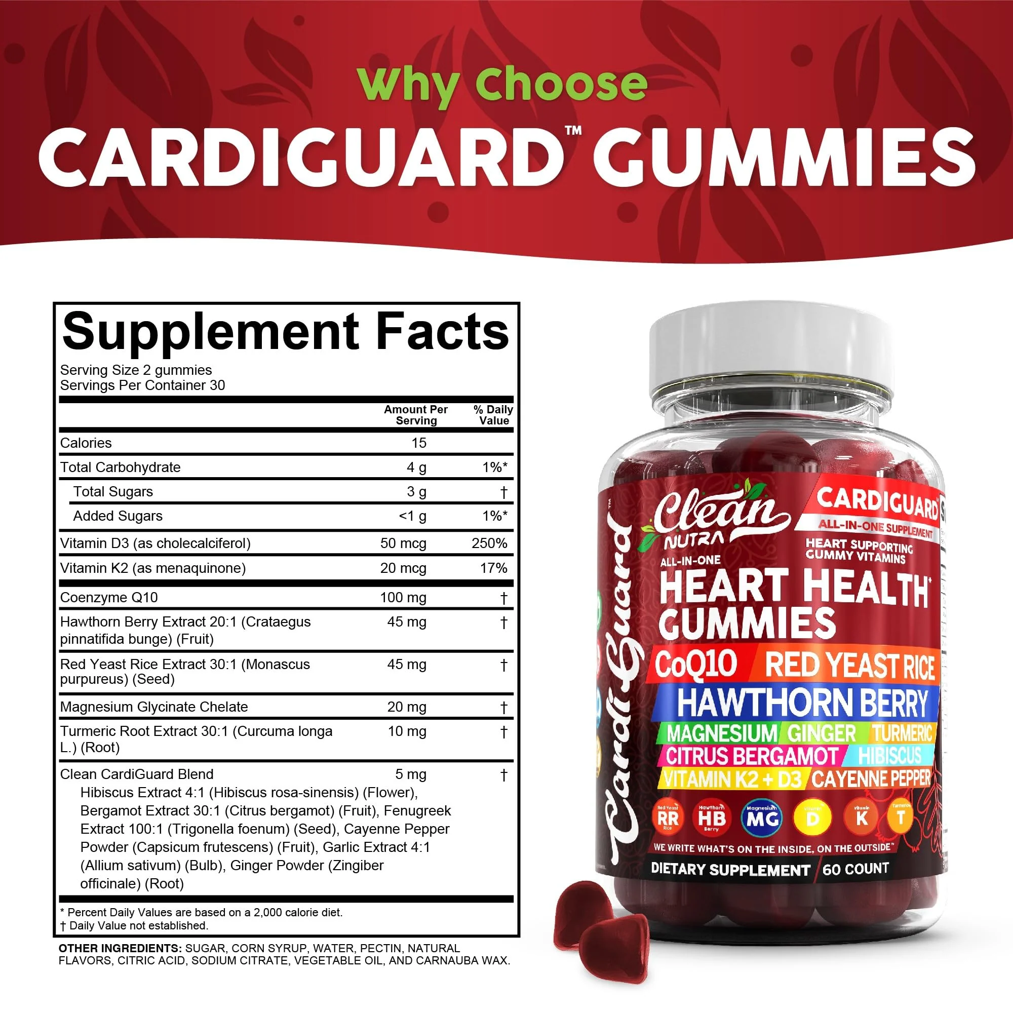 Clean Nutraceuticals Coq10 Gummies | Red Yeast Rice Hawthorn Berry Ginger Turmeric Citrus Bergamot Hibiscus Vitamin K2+D3 Magnesium Glycinate Cayenne Pepper Fenugreek Orange Flavor CardiGuard - Image 4