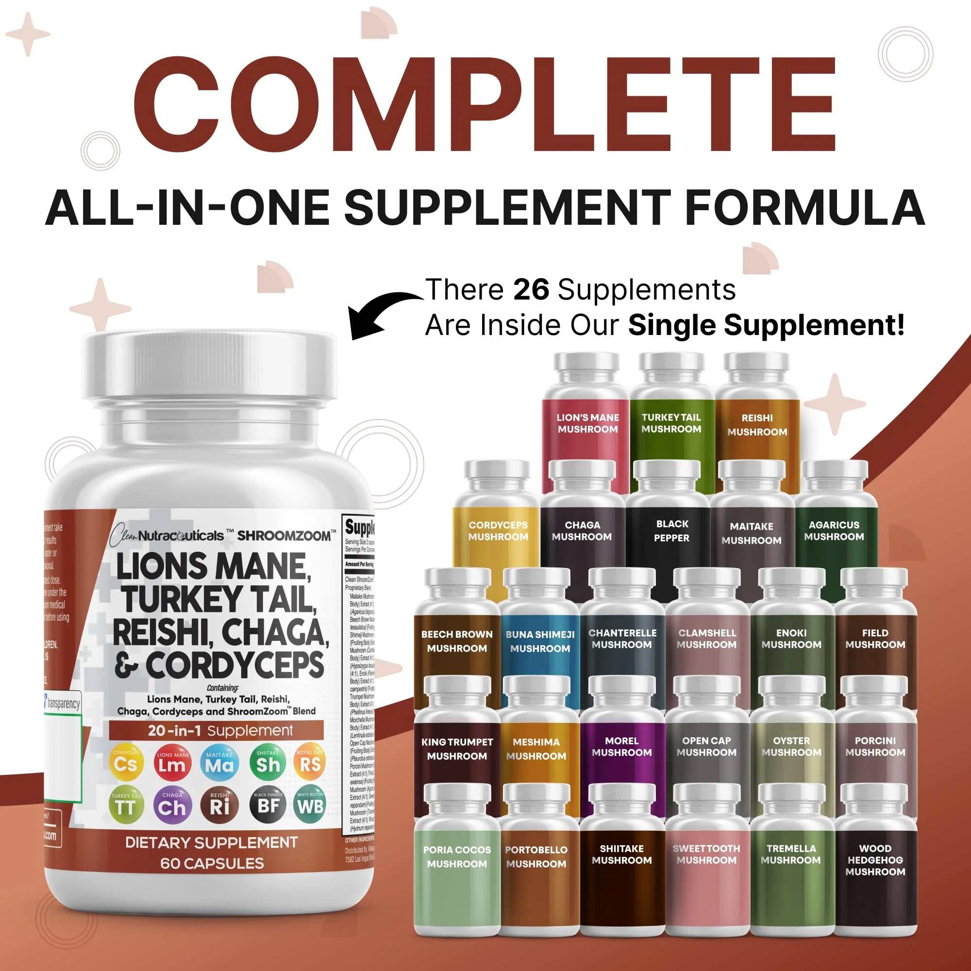 Clean Nutraceuticals Lions Mane 20in1 Mushroom Supplement with Turkey Tail Reishi Cordyceps Chaga Maitake Meshima Poria Cocos Shiitake Oyster Porcini Enoki - 2Pack - Image 2