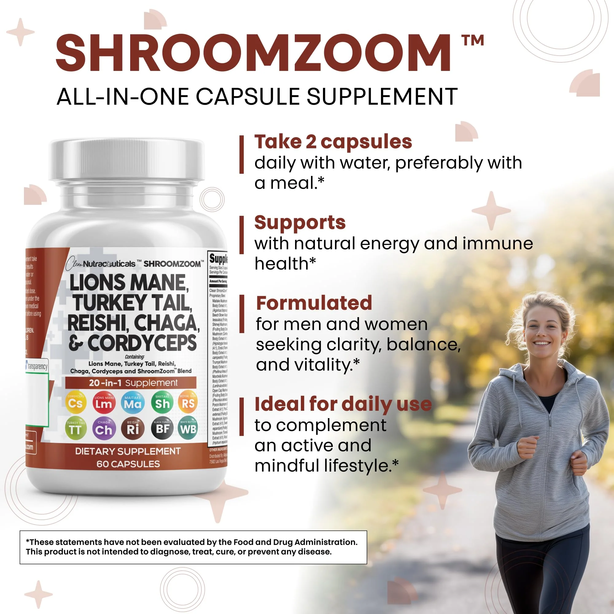 Clean Nutraceuticals Lions Mane 20in1 Mushroom Supplement with Turkey Tail Reishi Cordyceps Chaga Maitake Meshima Poria Cocos Shiitake Oyster Porcini Enoki - 2Pack - Image 6