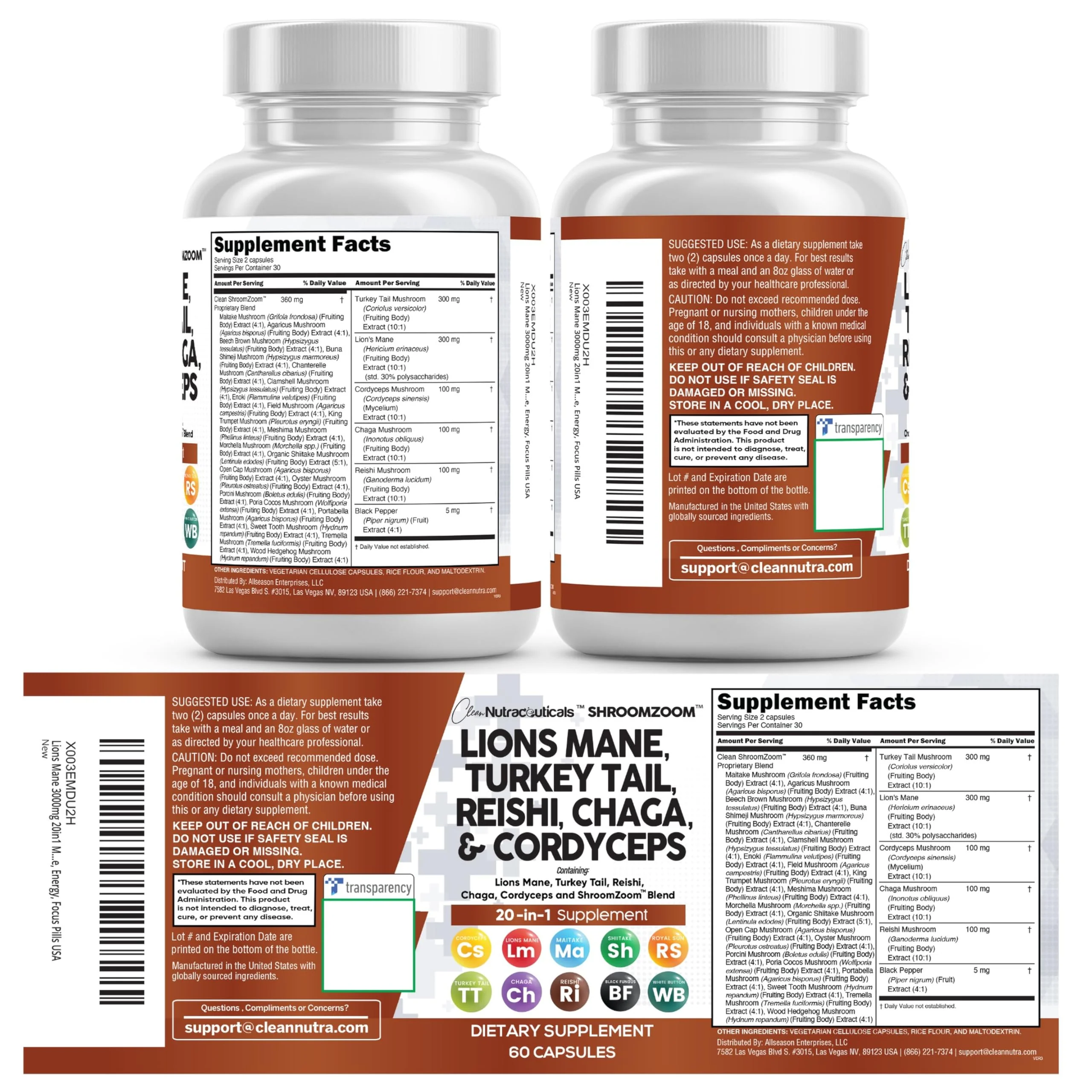 Clean Nutraceuticals Lions Mane 20in1 Mushroom Supplement with Turkey Tail Reishi Cordyceps Chaga Maitake Meshima Poria Cocos Shiitake Oyster Porcini Enoki - 2Pack - Image 8
