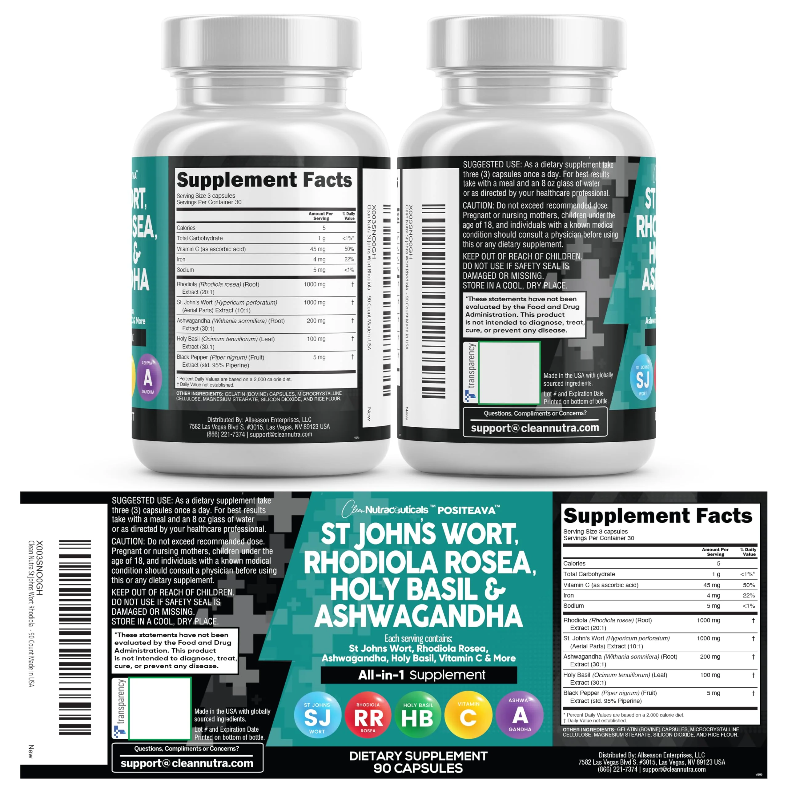 Clean Nutraceuticals St Johns Wort Rhodiola Rosea Holy Basil Ashwagandha - Mood Support for Women and Men with Vitamin C & Black Pepper Extract - 90 Caps - Image 2