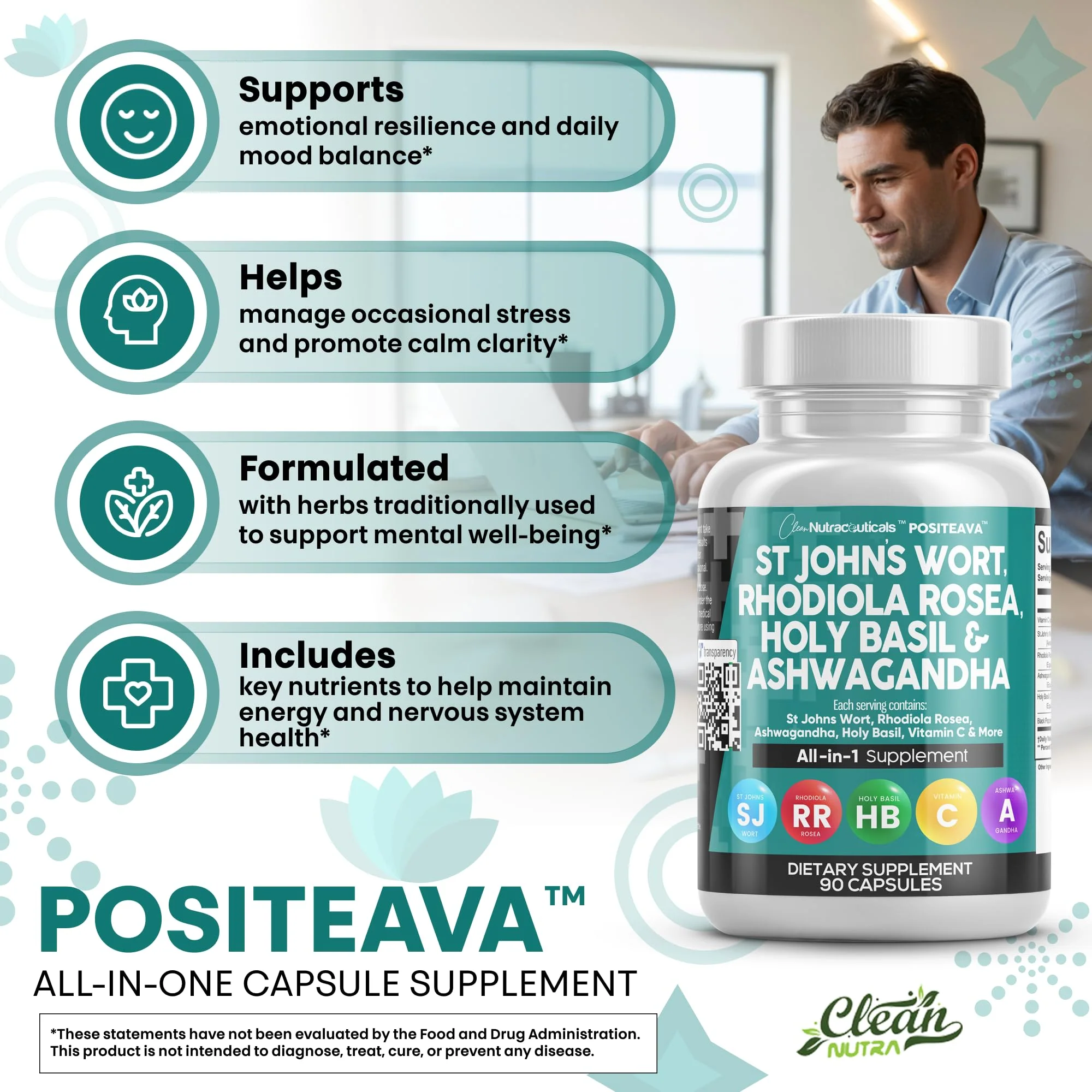 Clean Nutraceuticals St Johns Wort Rhodiola Rosea Holy Basil Ashwagandha - Mood Support for Women and Men with Vitamin C & Black Pepper Extract - 90 Caps - Image 5