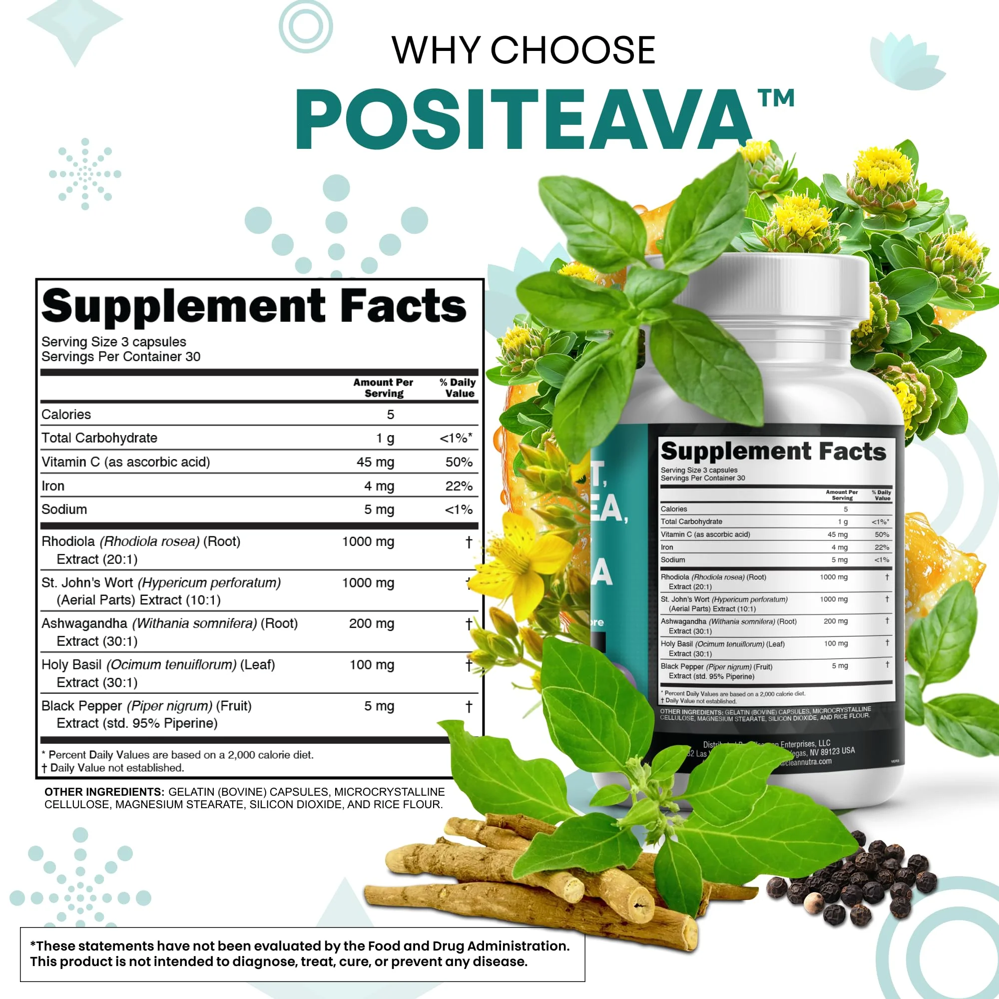 Clean Nutraceuticals St Johns Wort Rhodiola Rosea Holy Basil Ashwagandha - Mood Support for Women and Men with Vitamin C & Black Pepper Extract - 90 Caps - Image 6