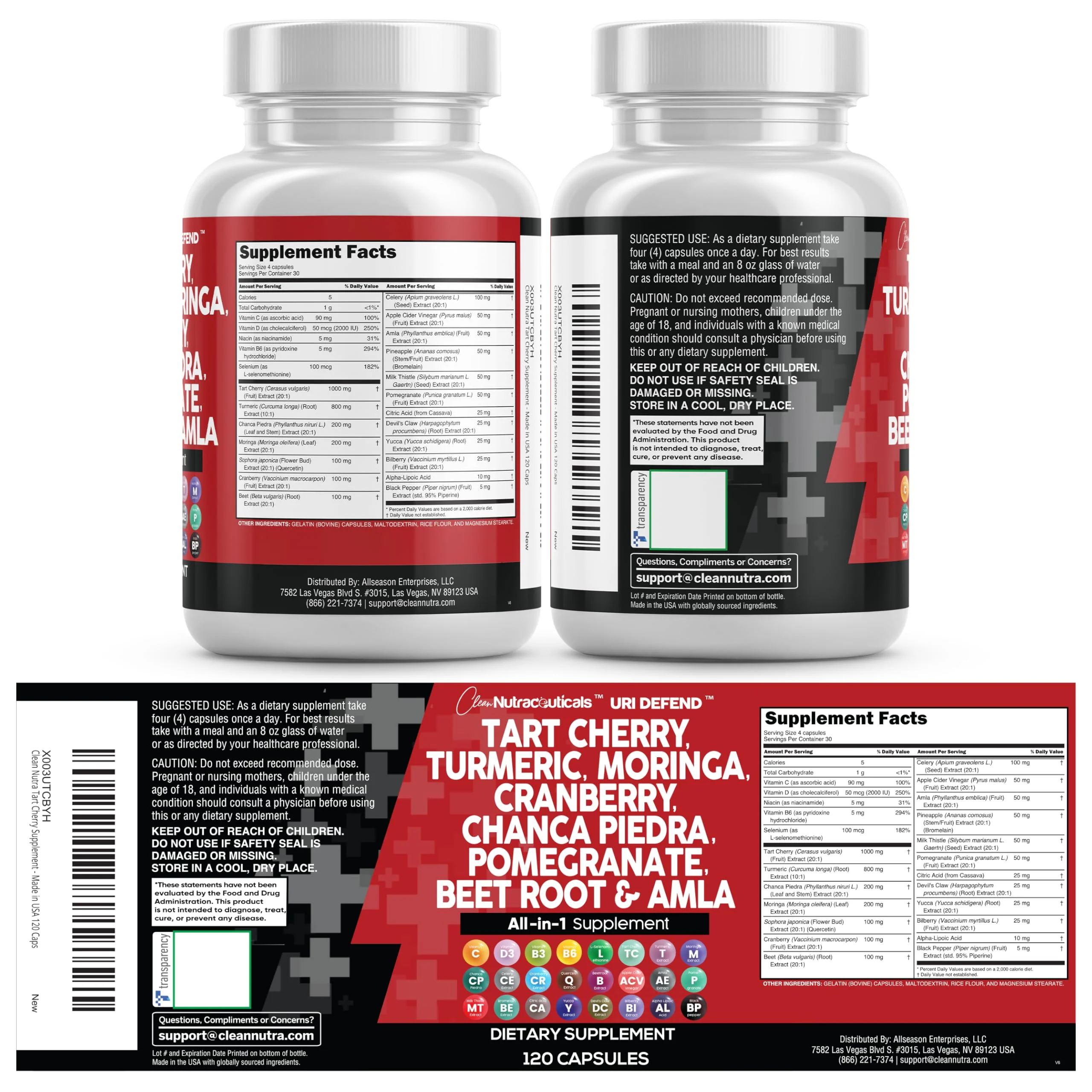 Clean Nutraceuticals Tart Cherry Extract Capsules with Turmeric Moringa Cranberry Chanca Piedra Celery Quercetin ACV Pomegranate L Selenomethionine - Uric Levels - 120 Ct - Image 2