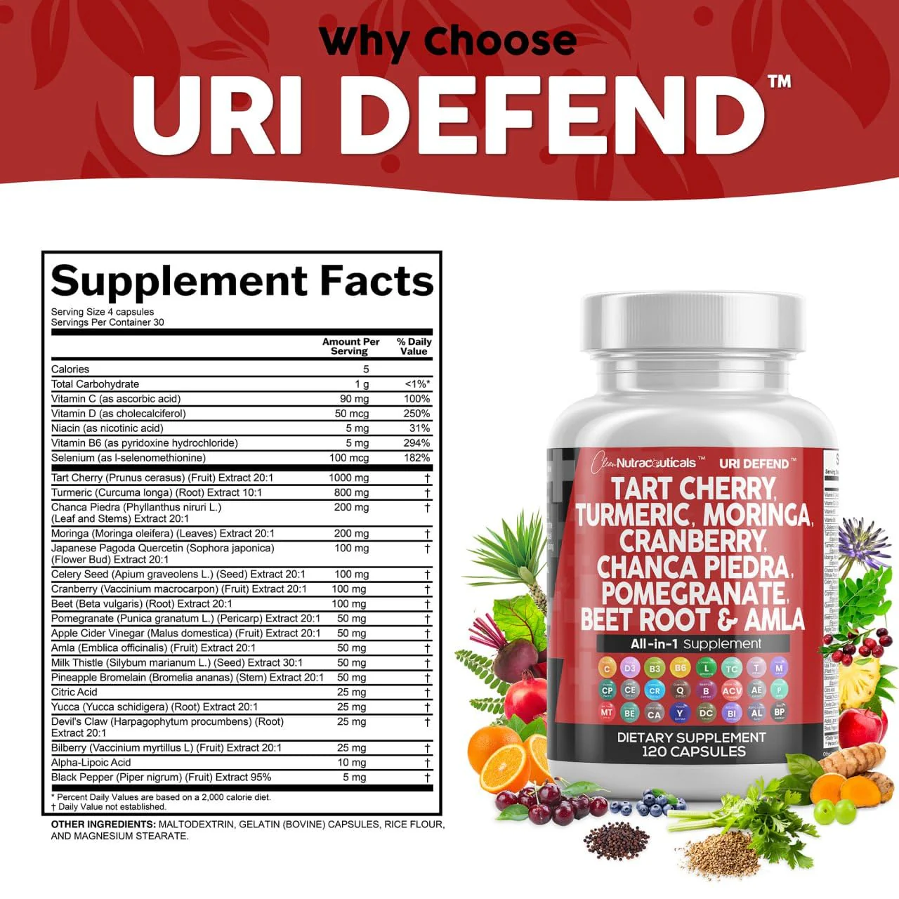 Clean Nutraceuticals Tart Cherry Extract Capsules with Turmeric Moringa Cranberry Chanca Piedra Celery Quercetin ACV Pomegranate L Selenomethionine - Uric Levels - 120 Ct - Image 3