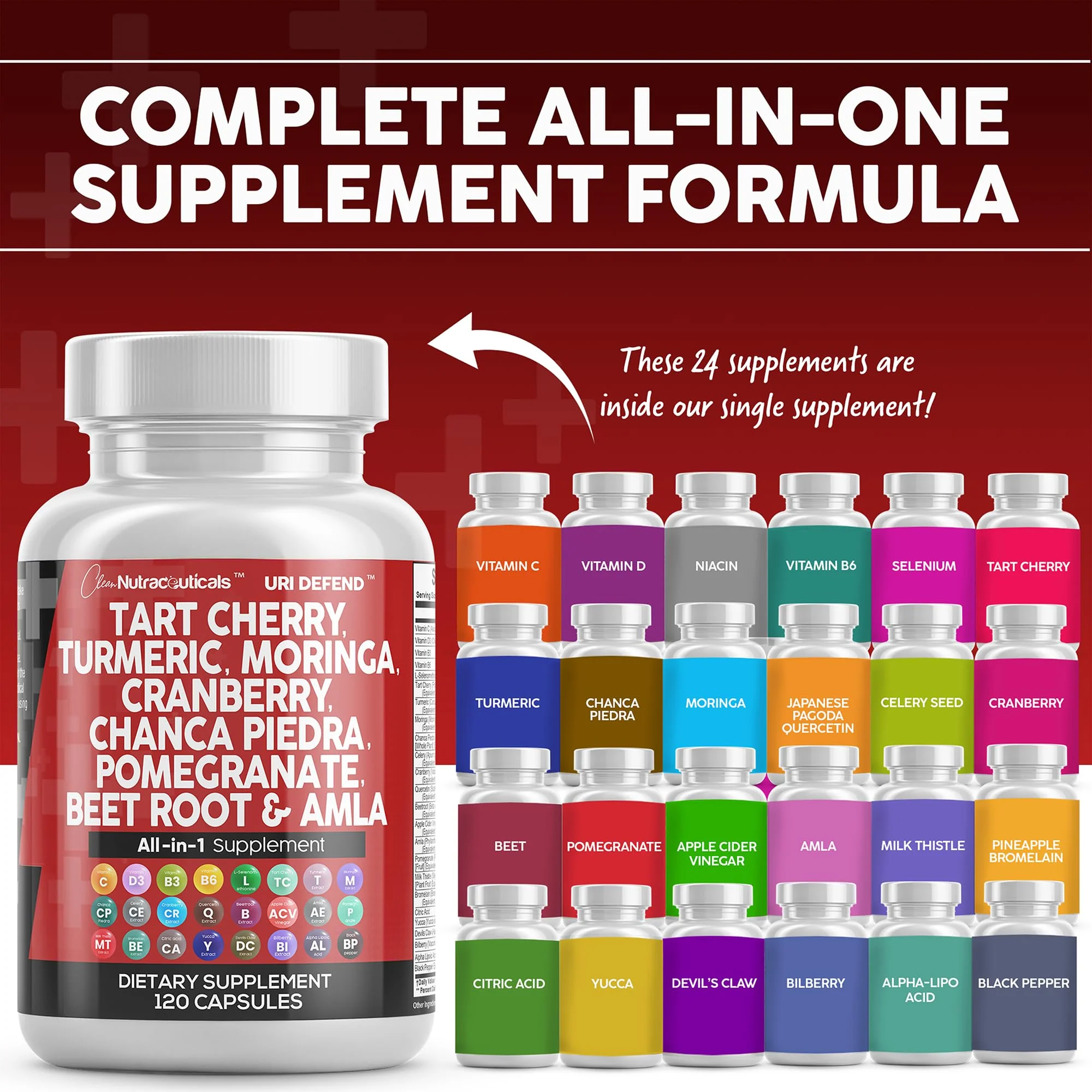 Clean Nutraceuticals Tart Cherry Extract Capsules with Turmeric Moringa Cranberry Chanca Piedra Celery Quercetin ACV Pomegranate L Selenomethionine - Uric Levels - 120 Ct - Image 5