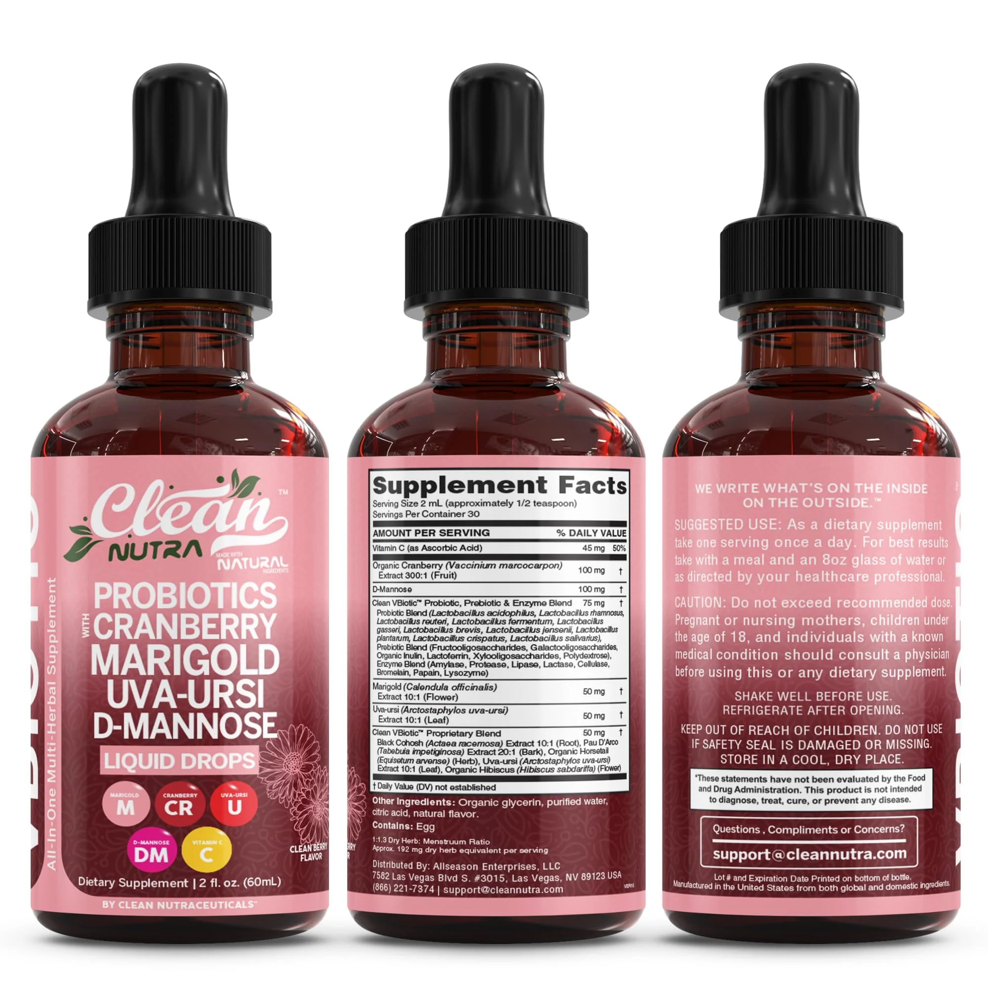Clean Nutraceuticals VBiotic Vaginal Probiotic for Women Liquid Drops | Cranberry Uva Ursi Horsetail D-Mannose Prebiotics Marigold & Black Cohosh Vaginal Health Supplement | pH Balance - Image 2