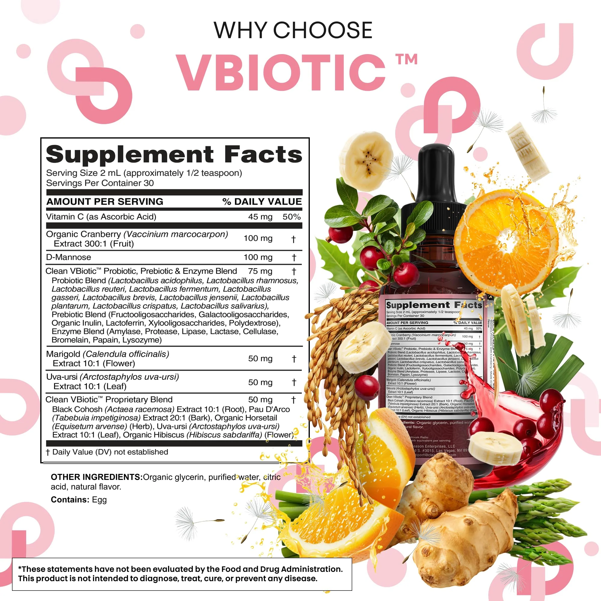 Clean Nutraceuticals VBiotic Vaginal Probiotic for Women Liquid Drops | Cranberry Uva Ursi Horsetail D-Mannose Prebiotics Marigold & Black Cohosh Vaginal Health Supplement | pH Balance - Image 6