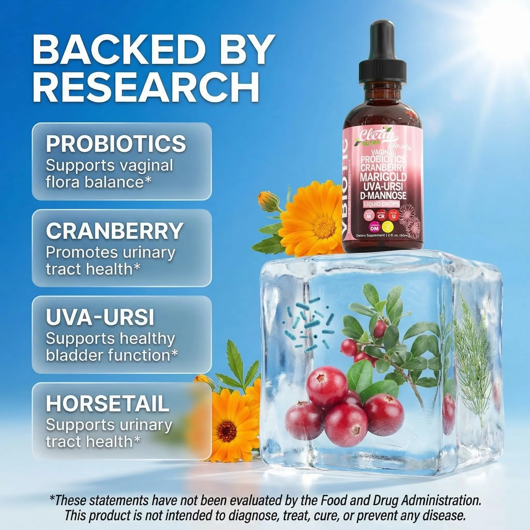 Clean Nutraceuticals VBiotic Vaginal Probiotic for Women Liquid Drops | Cranberry Uva Ursi Horsetail D-Mannose Prebiotics Marigold & Black Cohosh Vaginal Health Supplement | pH Balance - Image 8