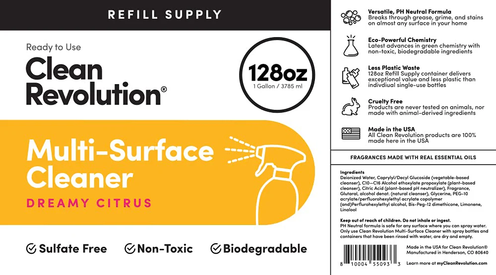 Clean Revolution Multi Surface Cleaner Refill Supply, Non-Toxic, Eco-Friendly & Plant-Based, Ready to Use, Dreamy Citrus, 128 Fl Oz (1 Gallon) - Image 3