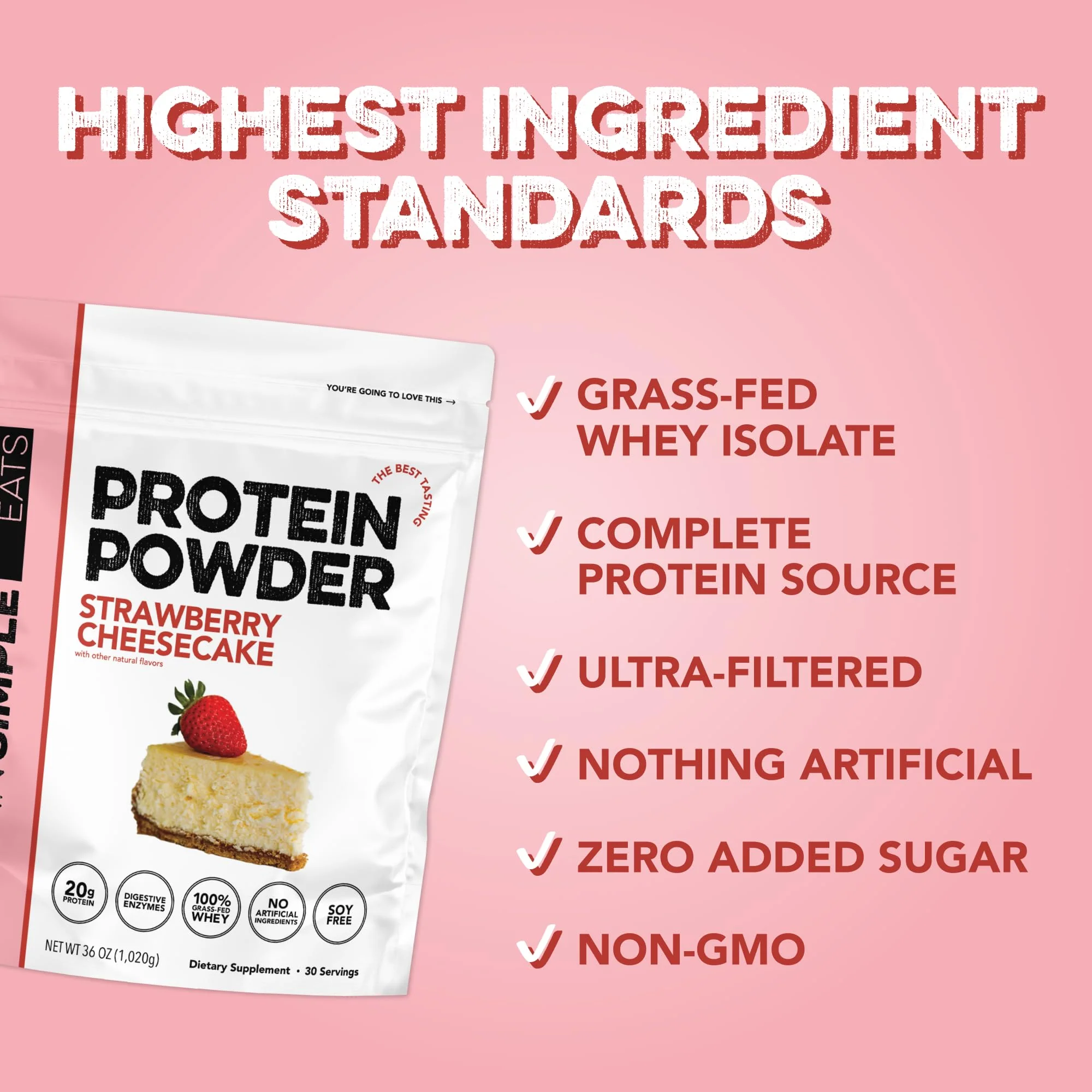 Clean Simple Eats Whey Protein Powder, Strawberry Cheesecake Flavor, Naturally Sweetened, Grass Fed Protein Powder with Digestive Enzymes, No Artificial Ingredients, Gluten Free, 30 Srvgs - Image 4