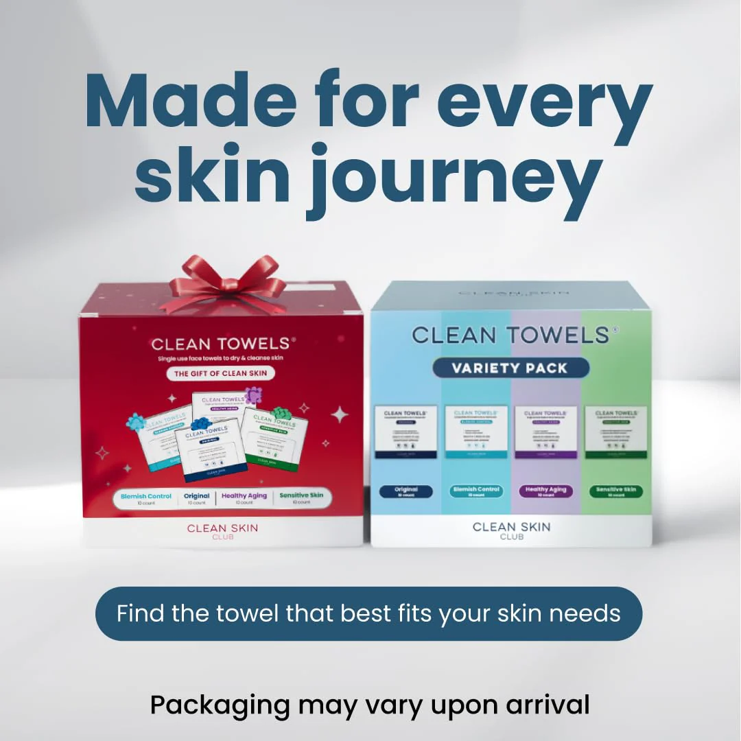 Clean Skin Club Clean Towels® XL Variety 4-Pack Travel Set, Disposable Face Towels, Includes Original, Sensitive, Blemish Control & Healthy Aging, 40 Count Total, 10 Each - Image 10