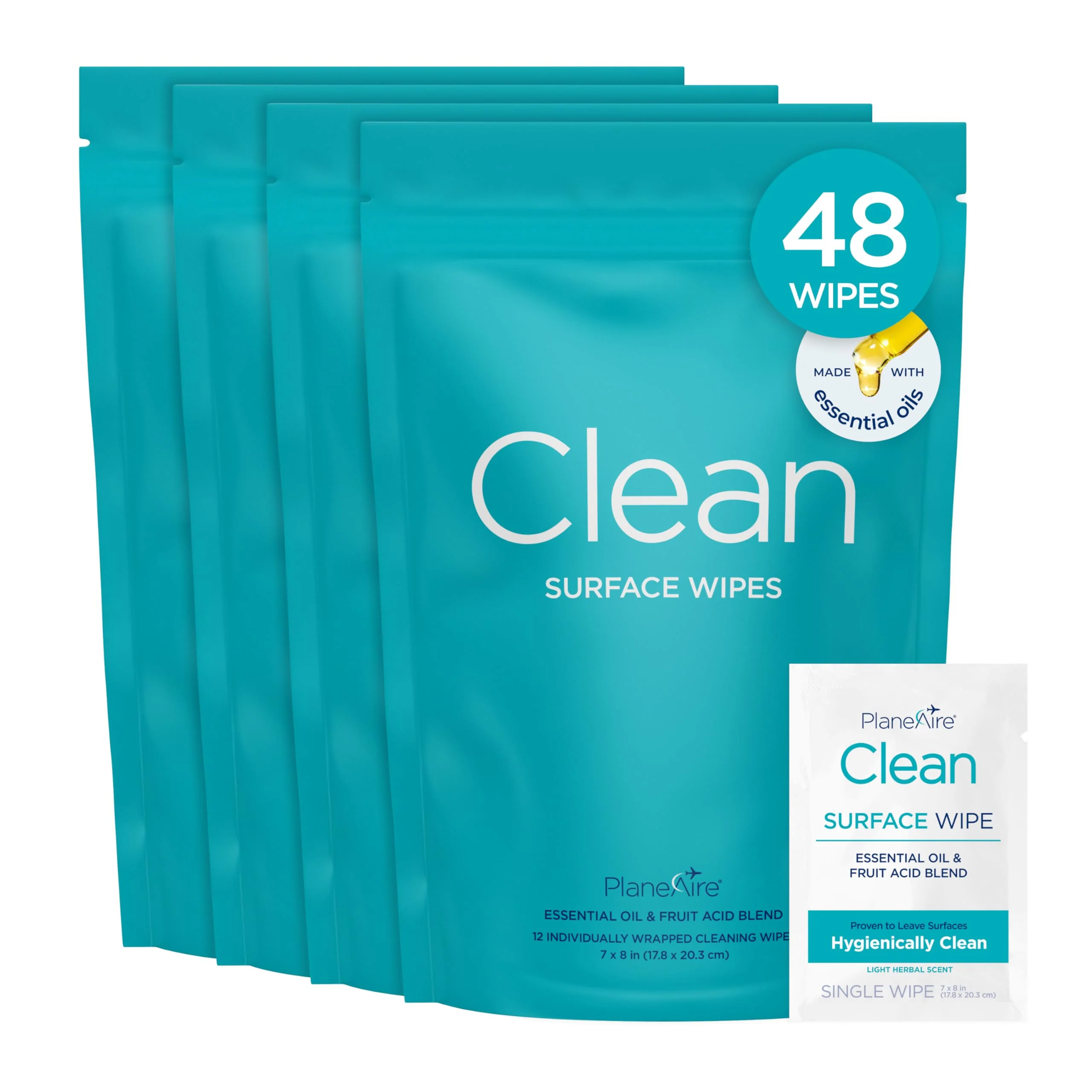 Clean Wipes | Surface Cleaning Wipes | Individually Wrapped Travel Wipes | All Purpose Cleaning Wipes | Airplane Travel Essentials | Travel Cleaning Supplies | On the Go | Essential Oils | 4 Pack