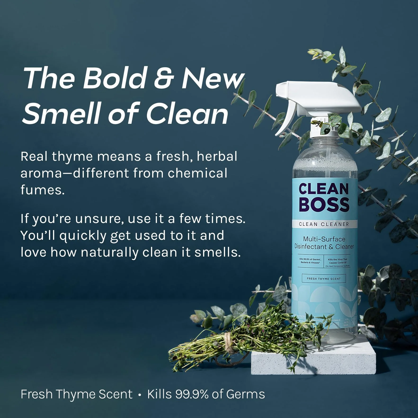 CleanBoss Botanical Disinfectant - 24 oz (Pack of 2) - Multi-Surface Cleaner - Kills 99.9% of Germs + Cold & Flu Viruses - Fresh Thyme Scent - No Rinse on Food Contact Surfaces - Pet Friendly - Image 6