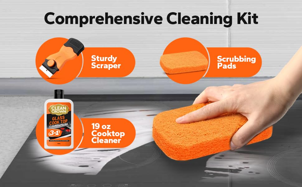 CleanCrown 3-in-1 Cooktop Cleaner Kit (19 Oz Cooktop Cleaner + Scrubbing Pad + Scraper), Stovetop Cleaner for Electric Top Stoves, Ceramic Cooktops & Fireplace Glass, Remove Burned on Food, Grease - Image 2