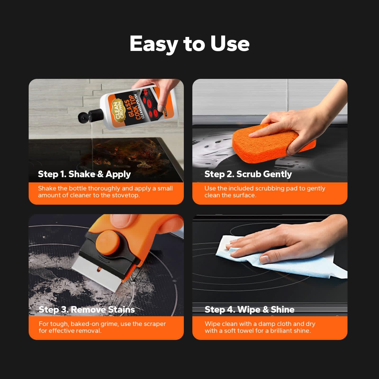 CleanCrown 3-in-1 Cooktop Cleaner Kit (19 Oz Cooktop Cleaner + Scrubbing Pad + Scraper), Stovetop Cleaner for Electric Top Stoves, Ceramic Cooktops & Fireplace Glass, Remove Burned on Food, Grease - Image 3
