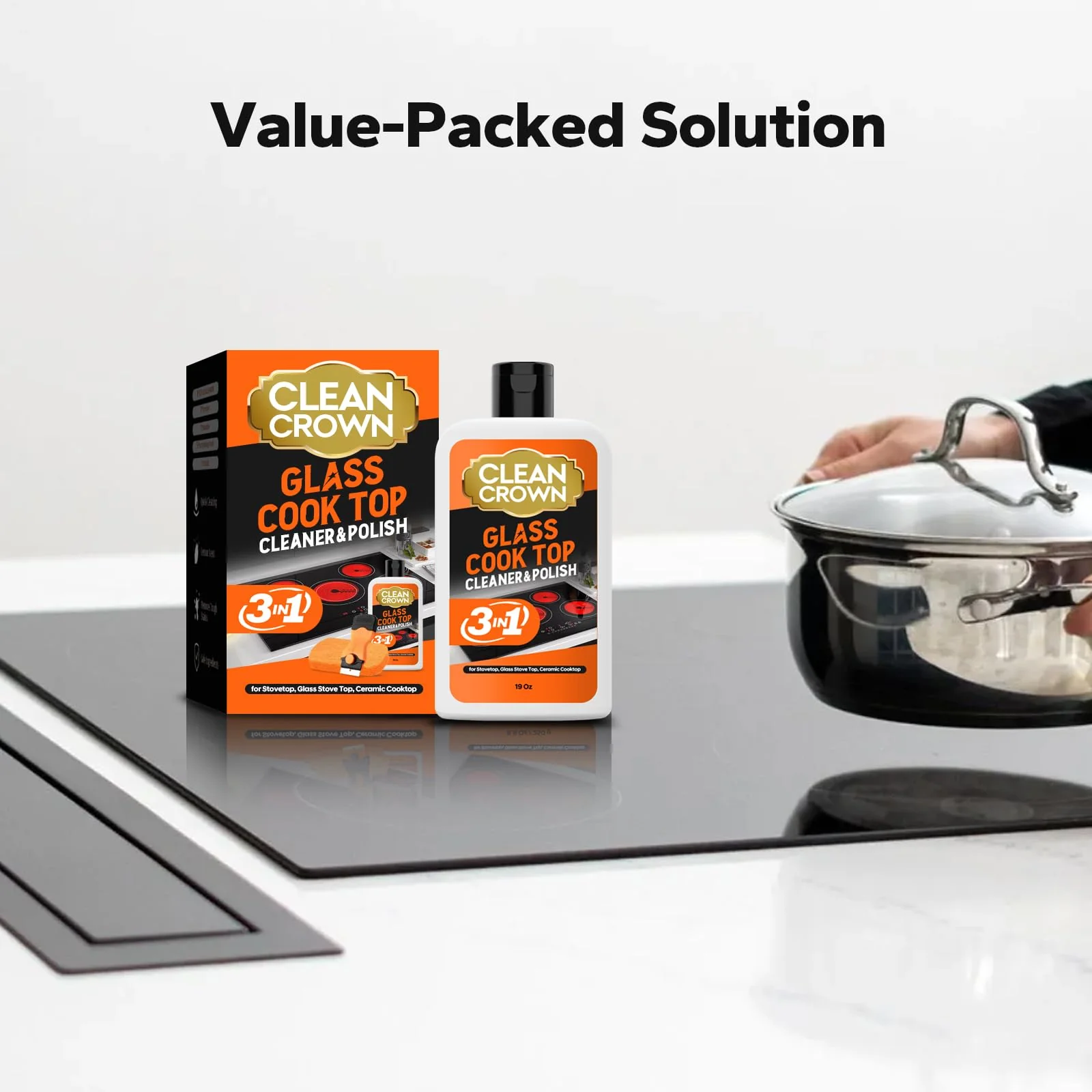 CleanCrown 3-in-1 Cooktop Cleaner Kit (19 Oz Cooktop Cleaner + Scrubbing Pad + Scraper), Stovetop Cleaner for Electric Top Stoves, Ceramic Cooktops & Fireplace Glass, Remove Burned on Food, Grease - Image 4