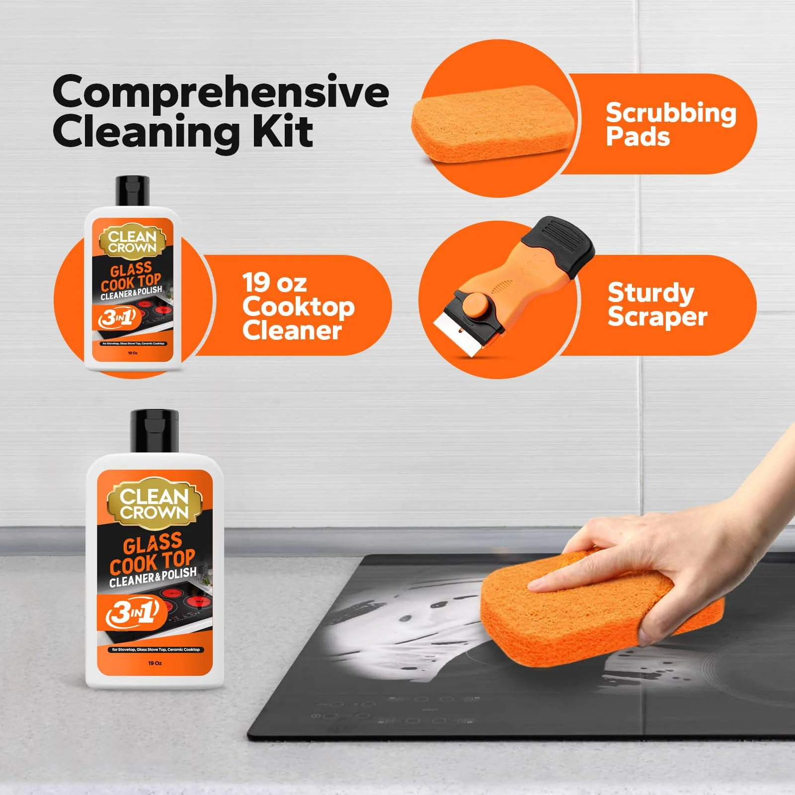 CleanCrown 3-in-1 Cooktop Cleaner Kit (19 Oz Cooktop Cleaner + Scrubbing Pad + Scraper), Stovetop Cleaner for Electric Top Stoves, Ceramic Cooktops & Fireplace Glass, Remove Burned on Food, Grease - Image 6
