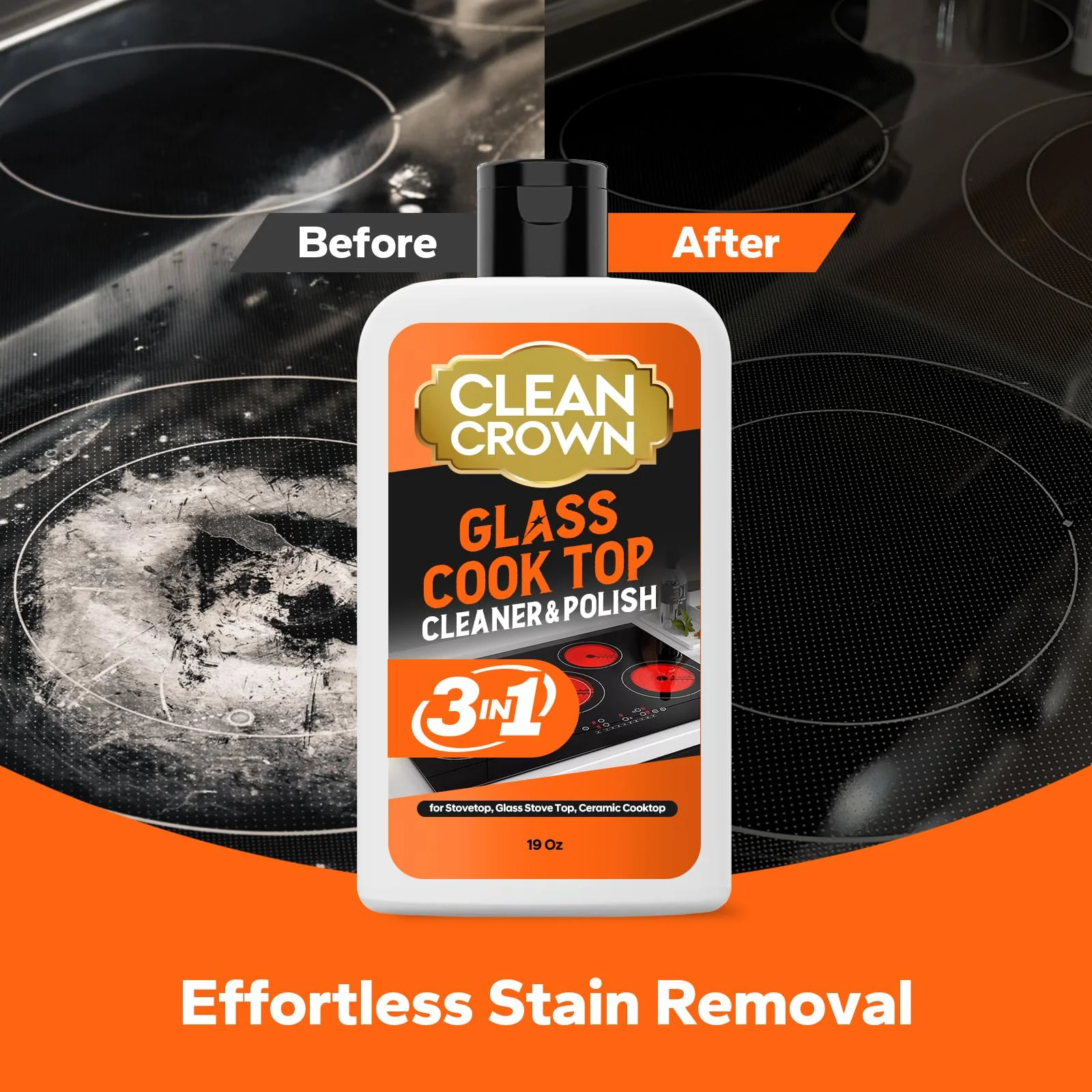 CleanCrown 3-in-1 Cooktop Cleaner Kit (19 Oz Cooktop Cleaner + Scrubbing Pad + Scraper), Stovetop Cleaner for Electric Top Stoves, Ceramic Cooktops & Fireplace Glass, Remove Burned on Food, Grease - Image 7