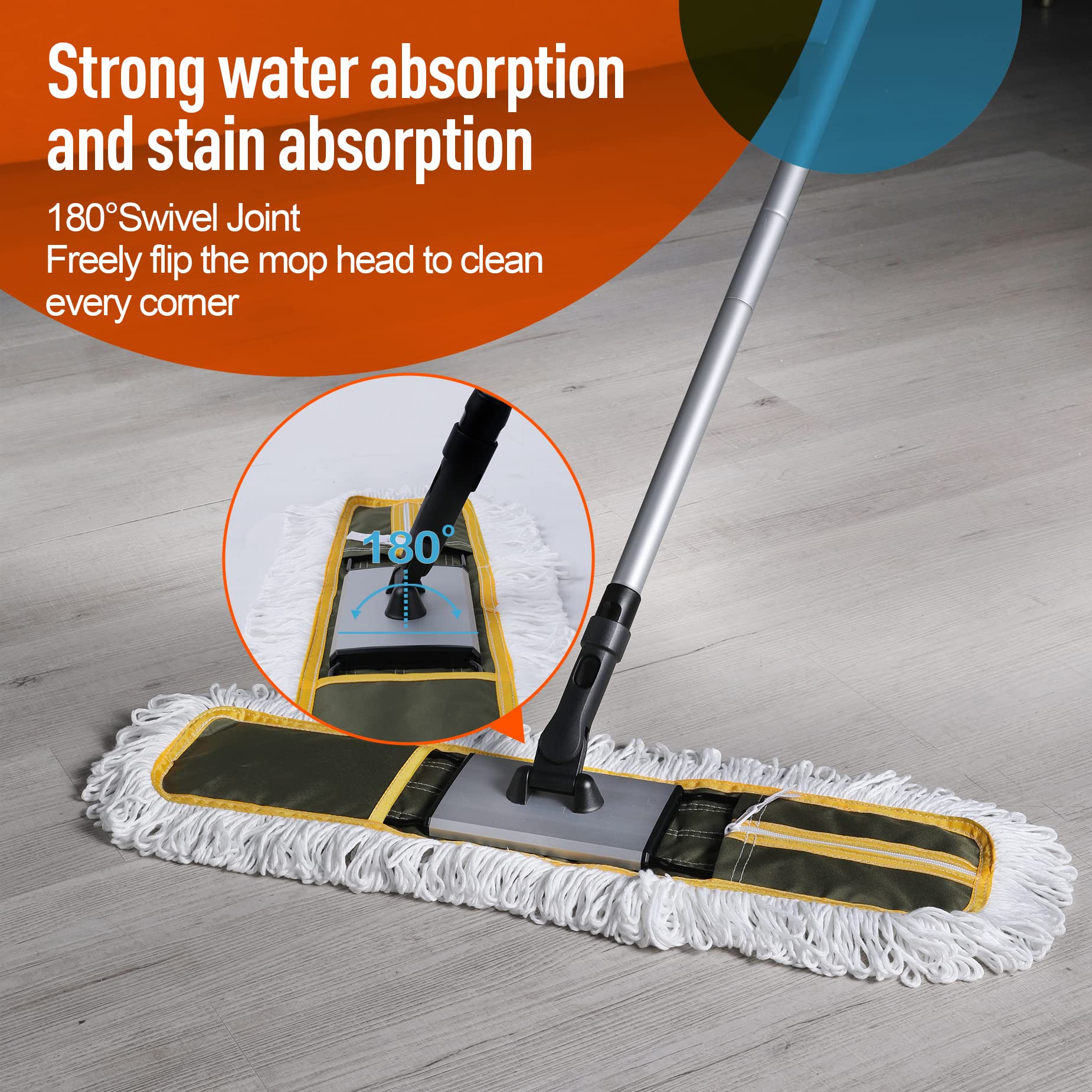 CLEANHOME 24" Commercial Dust Mop for Floor Cleaning, Heavy Duty Floor Mop with 59” Extendable Long Handle, Hotel Gym Garage Hospital Household Cleaning Supplies for Hardwood, Tiles, Marble Floors - Image 4
