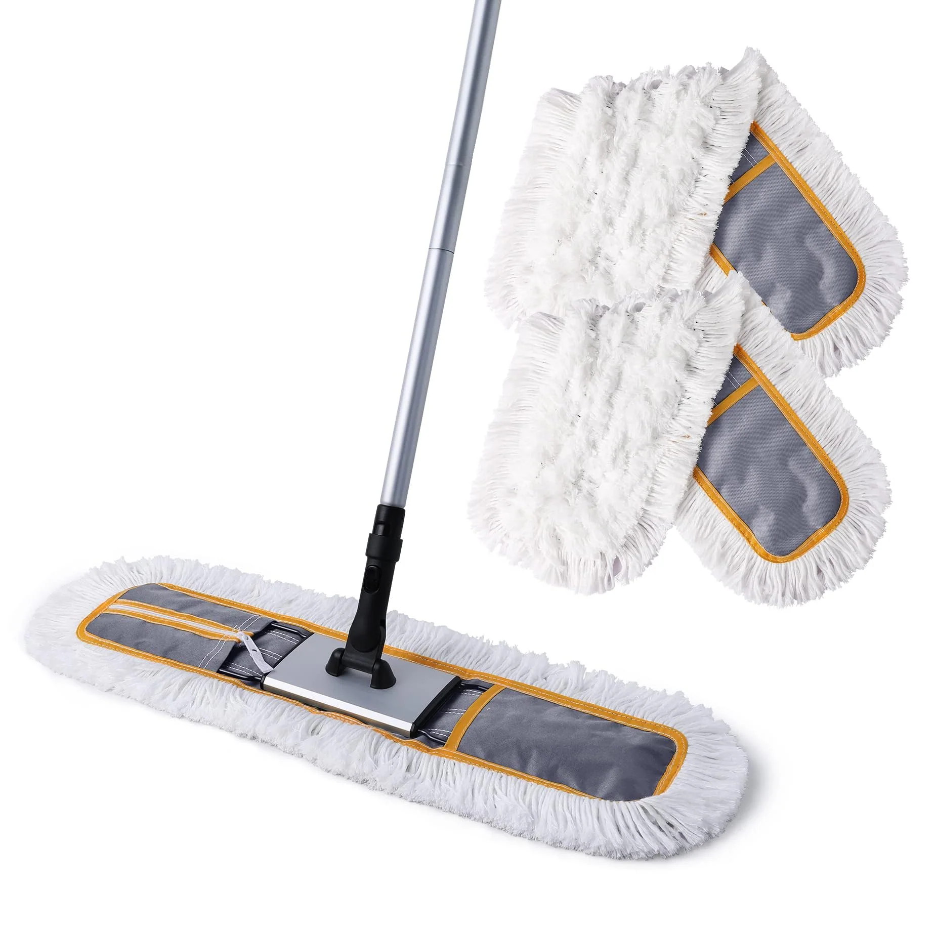 CLEANHOME 24" Commercial Dust Mop for Floor Cleaning, Heavy Duty Sweeper Broom with 2 Microfiber Mop Pads, Wet and Dry Duster Sweeper Broom for Marble, Laminate, Hardwood Floor Cleaning ,Grey