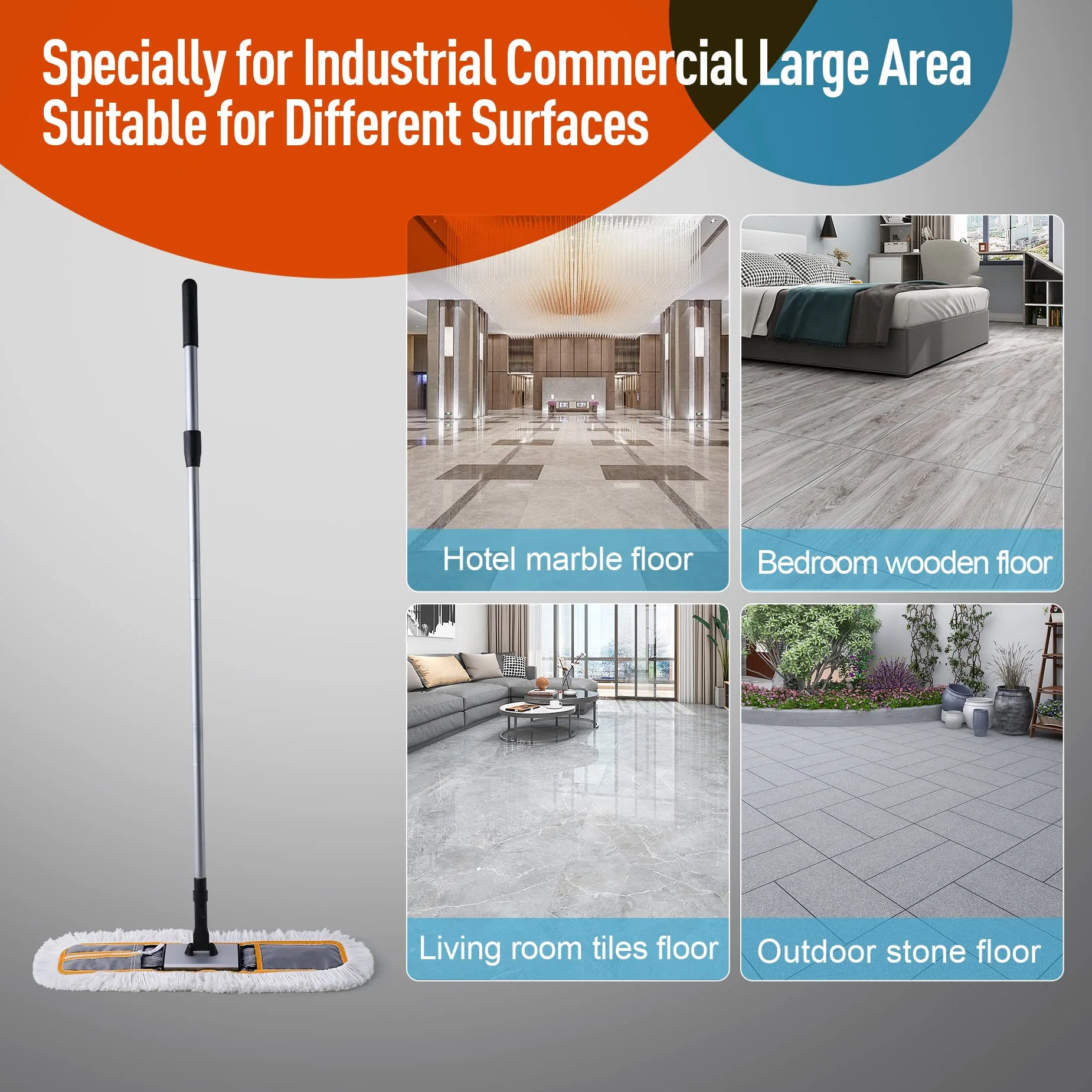 CLEANHOME 24" Commercial Dust Mop for Floor Cleaning, Heavy Duty Sweeper Broom with 2 Microfiber Mop Pads, Wet and Dry Duster Sweeper Broom for Marble, Laminate, Hardwood Floor Cleaning ,Grey - Image 6