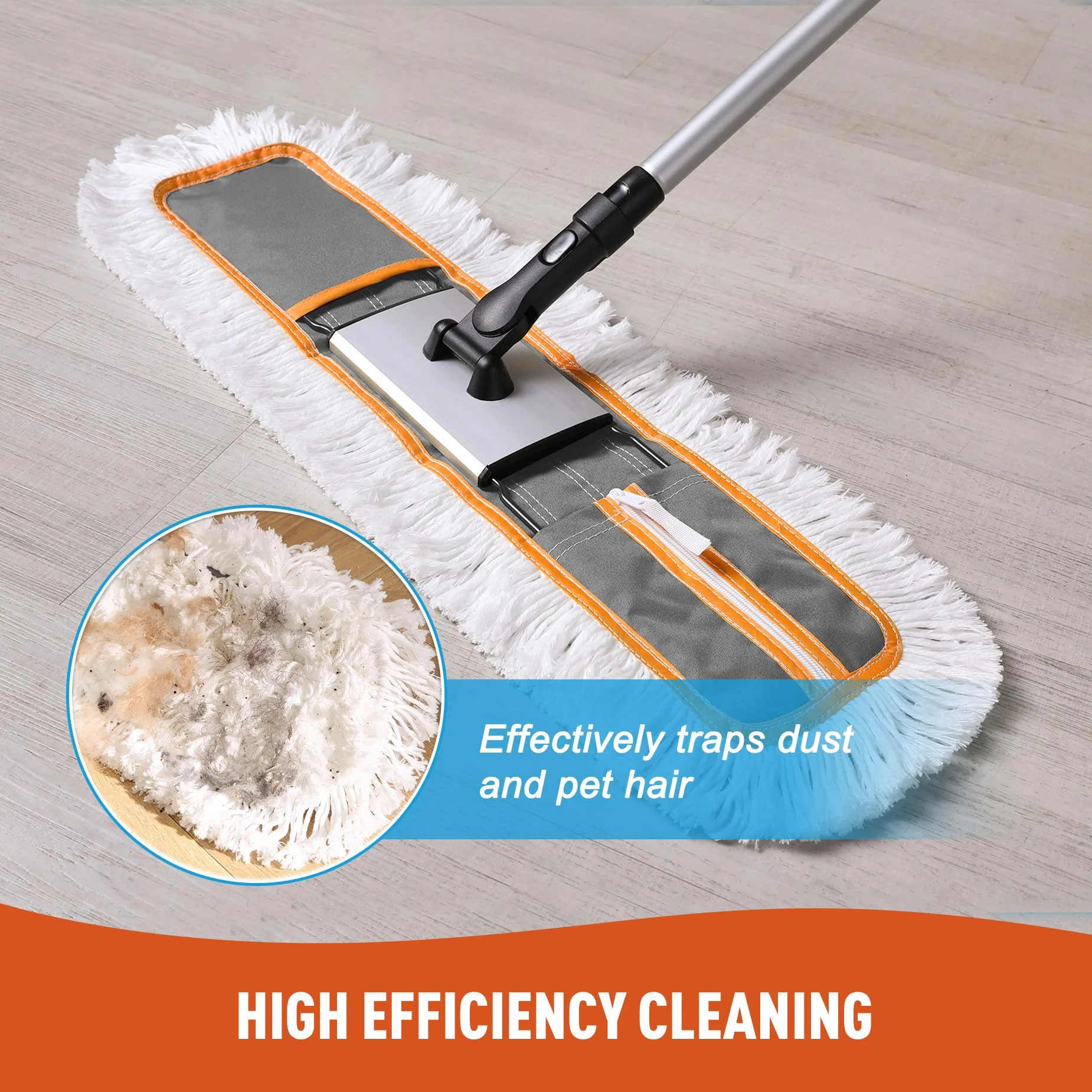 CLEANHOME 24" Commercial Dust Mop for Floor Cleaning, Heavy Duty Sweeper Broom with 2 Microfiber Mop Pads, Wet and Dry Duster Sweeper Broom for Marble, Laminate, Hardwood Floor Cleaning ,Grey - Image 7