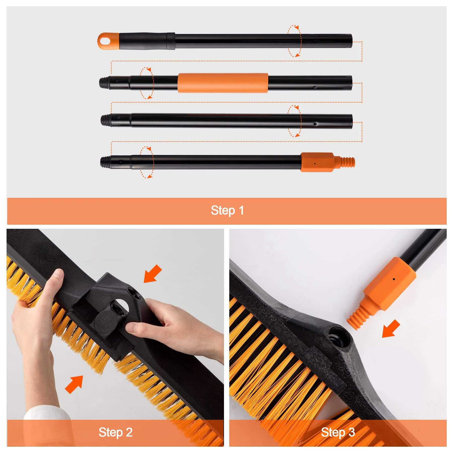 CLEANHOME 24”Push Broom Brush for Floor Cleaning with 65” Long Handle and Stiff Bristles, Heavy Duty Brush for Shop, Deck, Garage, Concrete,Indoor and Outdoor Broom 2 Set,Orange - Image 2