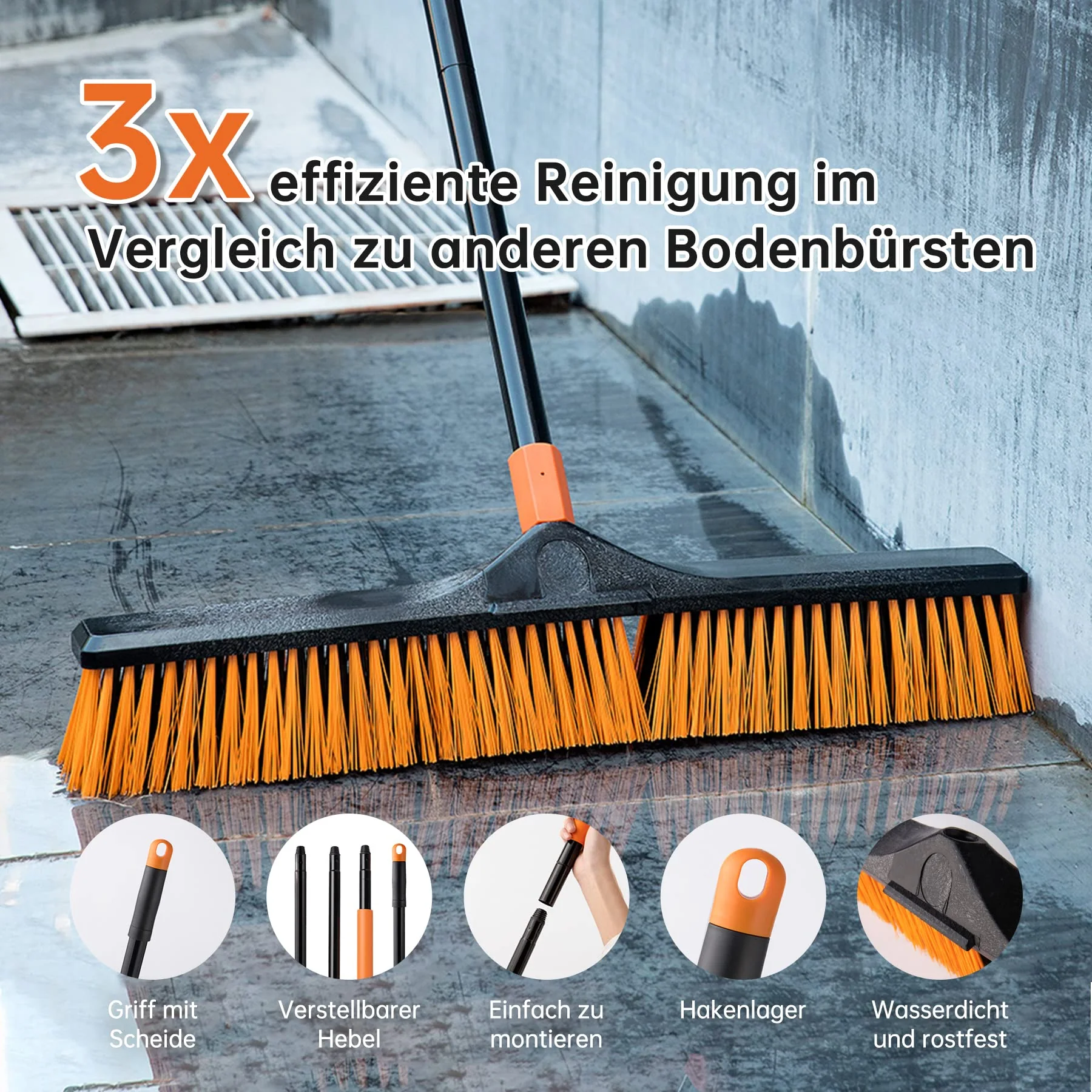 CLEANHOME 24”Push Broom Brush for Floor Cleaning with 65” Long Handle and Stiff Bristles, Heavy Duty Brush for Shop, Deck, Garage, Concrete,Indoor and Outdoor Broom 2 Set,Orange - Image 4