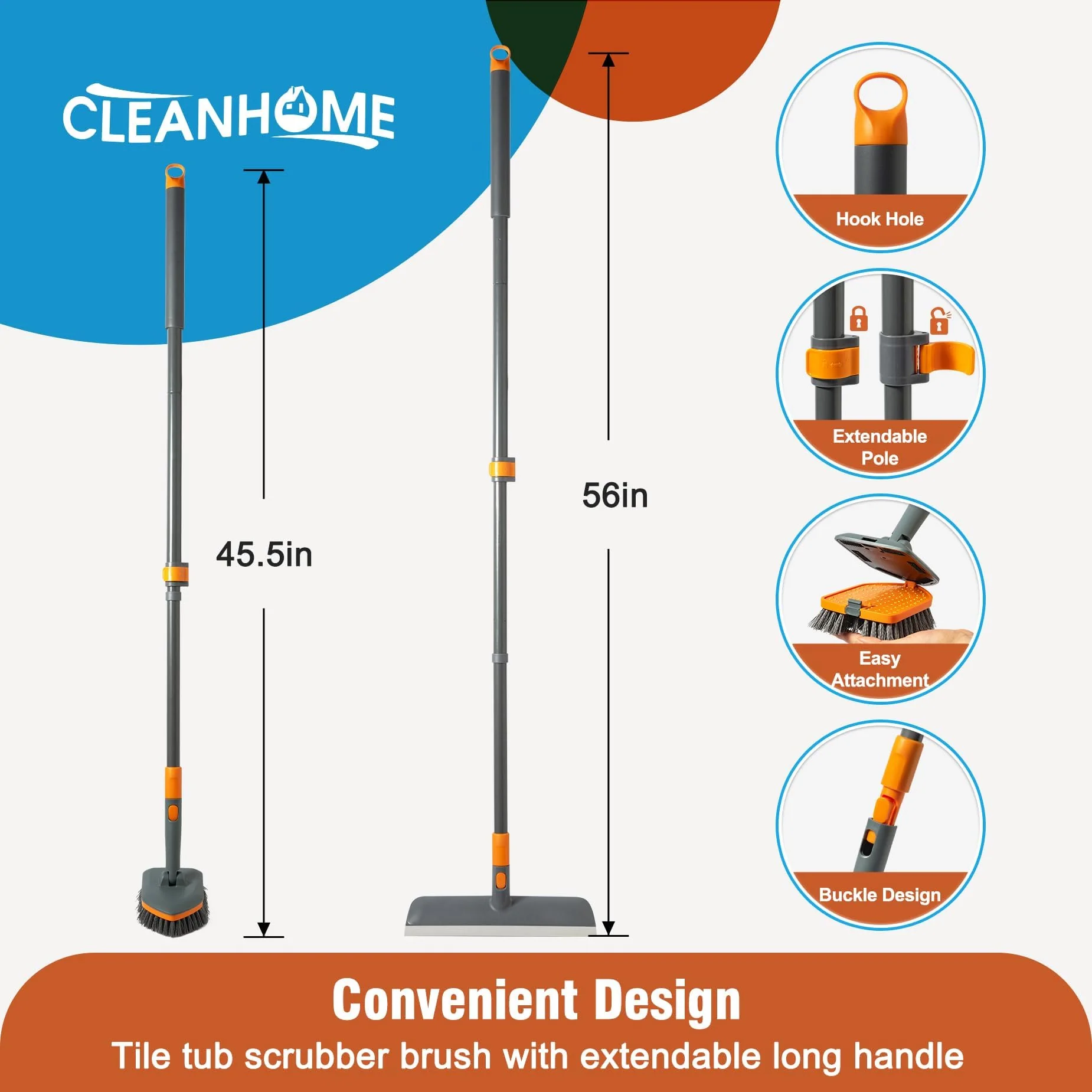 CLEANHOME Floor Scrub Brush Tile Tub Scrubber Brush with 4 Different Cleaning Heads, Shower Brush with 56” Extendable Long Handle, Scrubbers for Cleaning Kitchen, Bathroom, Tub, Tile, Wall - Image 2