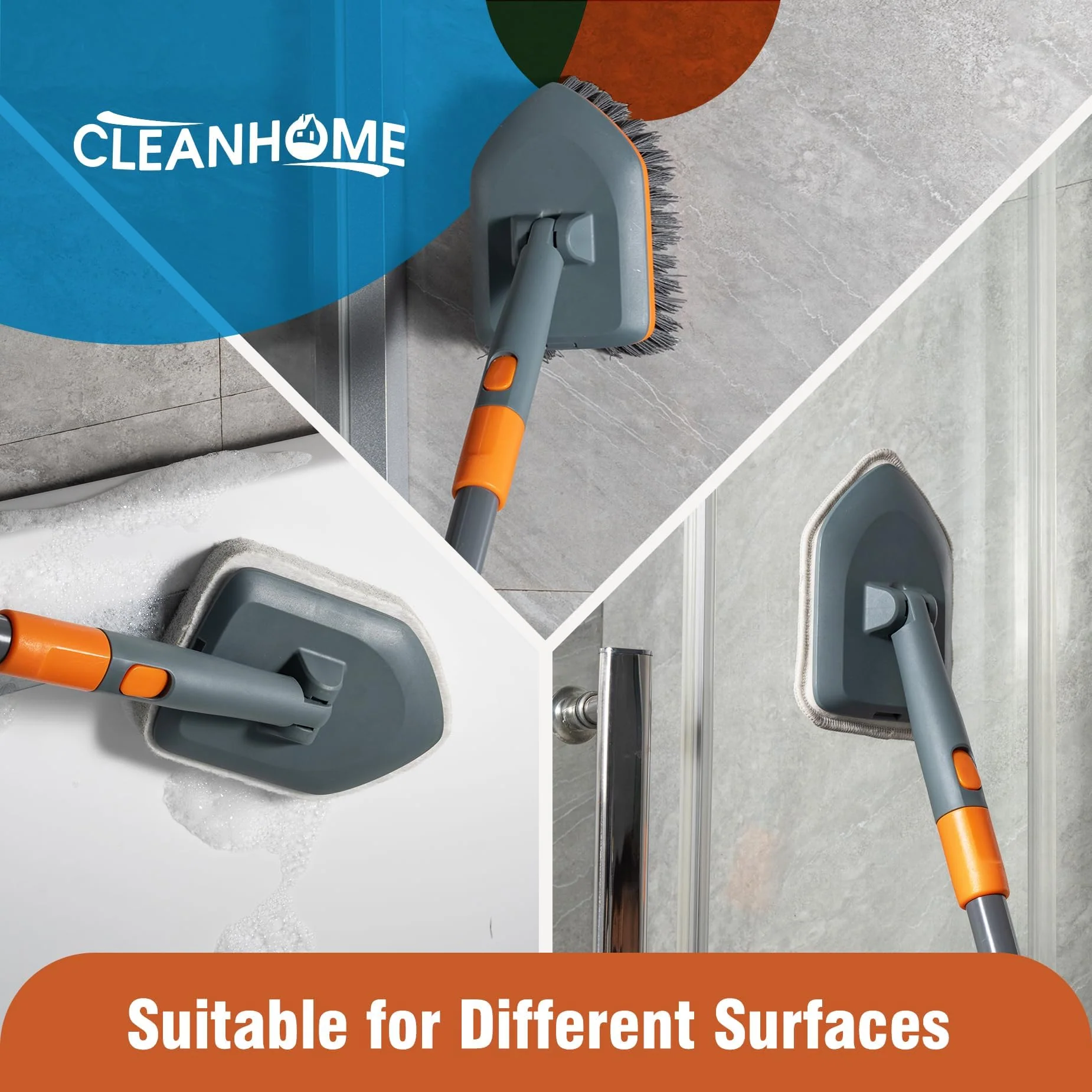 CLEANHOME Floor Scrub Brush Tile Tub Scrubber Brush with 4 Different Cleaning Heads, Shower Brush with 56” Extendable Long Handle, Scrubbers for Cleaning Kitchen, Bathroom, Tub, Tile, Wall - Image 3