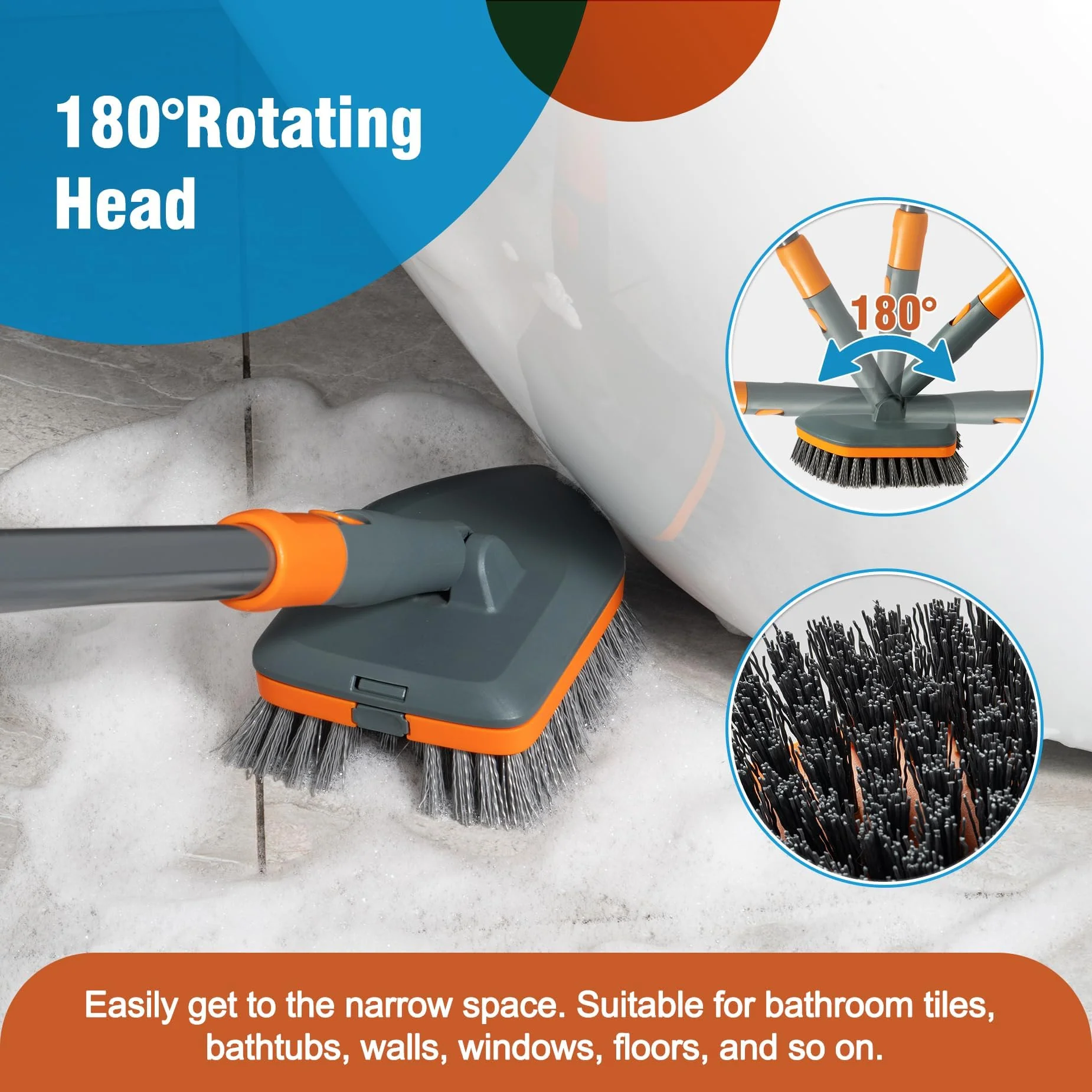 CLEANHOME Floor Scrub Brush Tile Tub Scrubber Brush with 4 Different Cleaning Heads, Shower Brush with 56” Extendable Long Handle, Scrubbers for Cleaning Kitchen, Bathroom, Tub, Tile, Wall - Image 4
