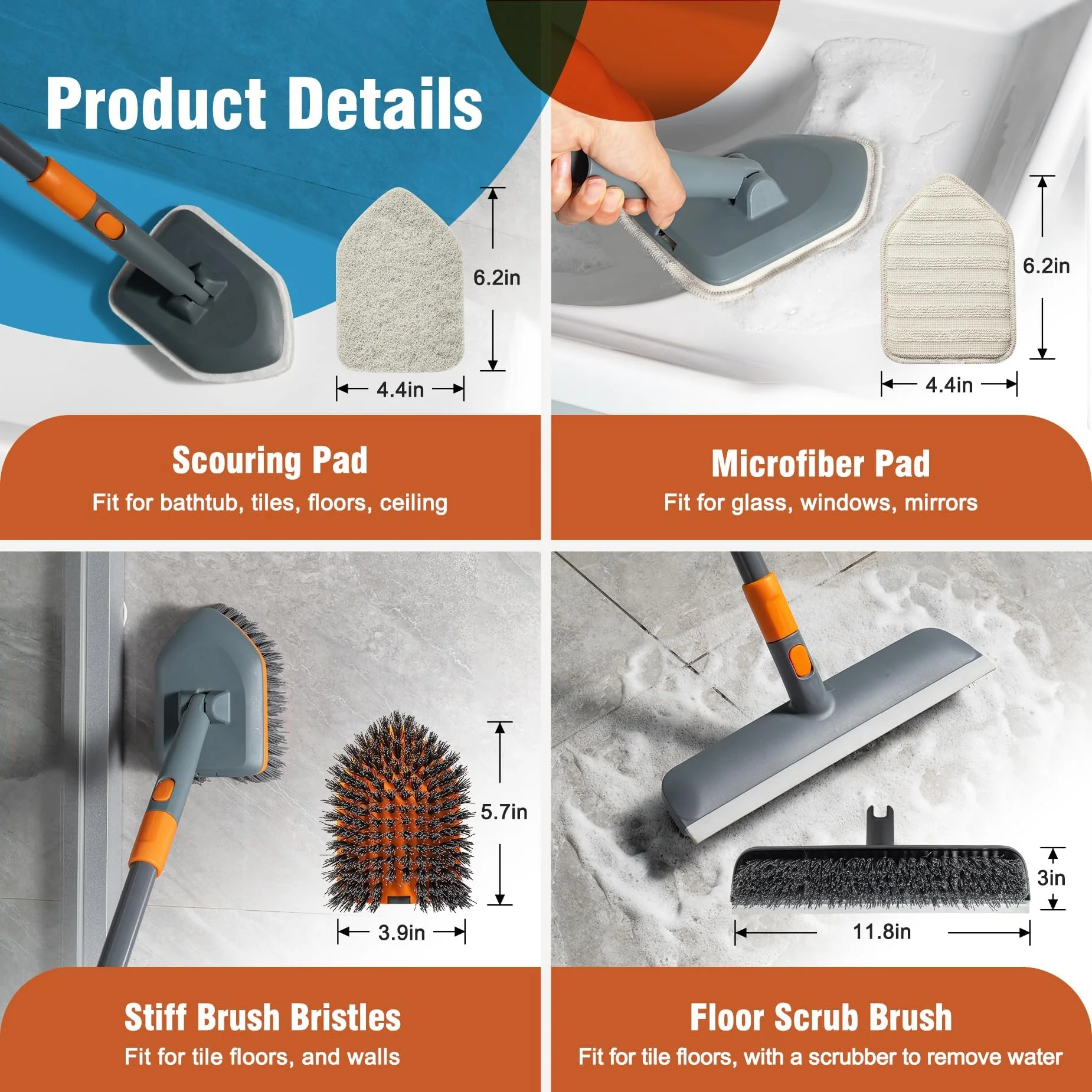 CLEANHOME Floor Scrub Brush Tile Tub Scrubber Brush with 4 Different Cleaning Heads, Shower Brush with 56” Extendable Long Handle, Scrubbers for Cleaning Kitchen, Bathroom, Tub, Tile, Wall - Image 7