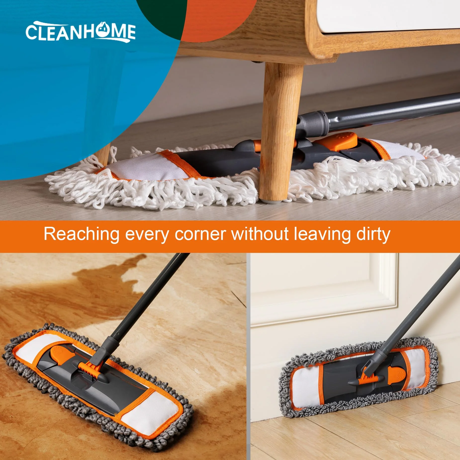 CLEANHOME Mops for Floor Cleaning with 3 Different Washable Pads and Extendable 55” Long Handle, Multifunction Dust Mop for Hardwood,Marble,Tile Floor Mopping,Orange - Image 6