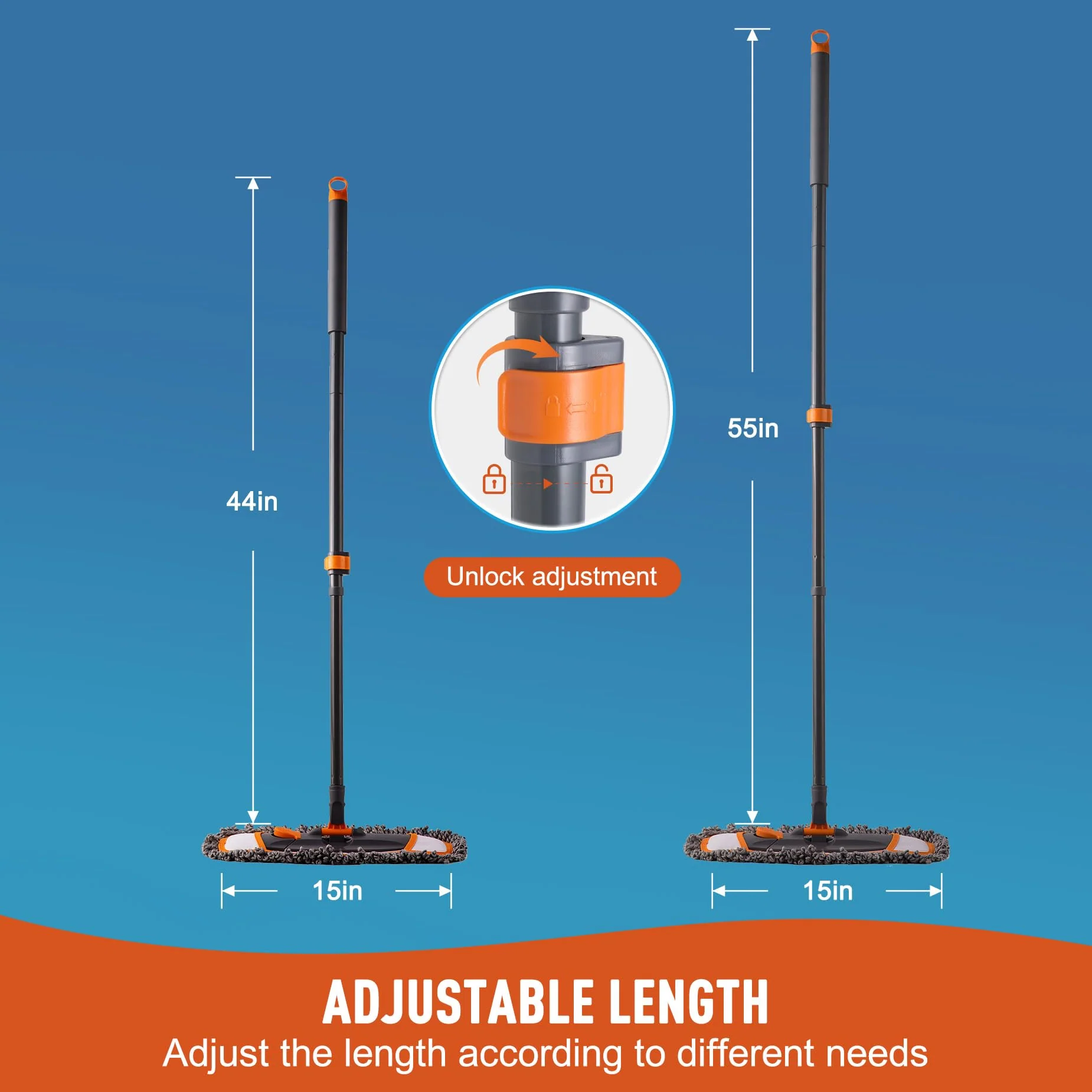 CLEANHOME Mops for Floor Cleaning with 3 Different Washable Pads and Extendable 55” Long Handle, Multifunction Dust Mop for Hardwood,Marble,Tile Floor Mopping,Orange - Image 7