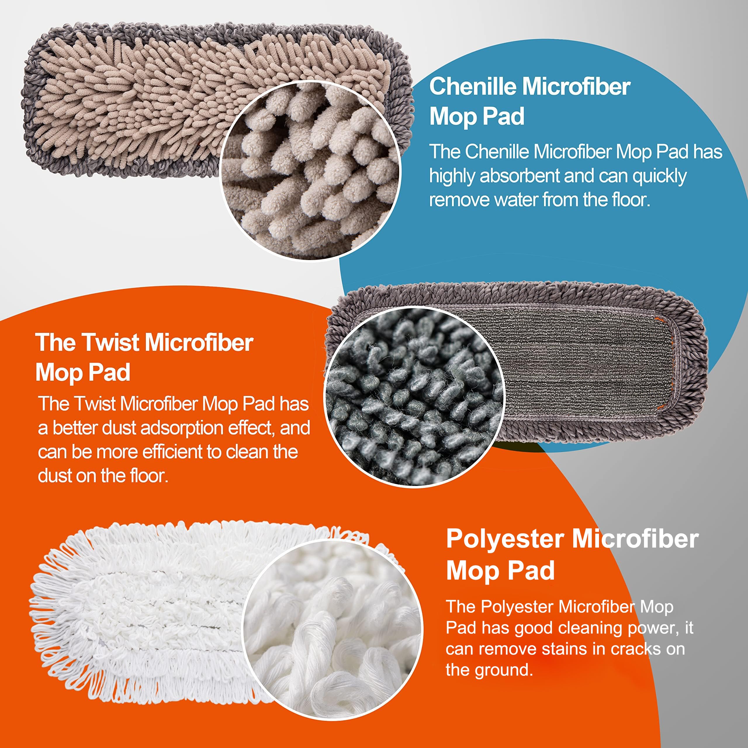 CLEANHOME Mops for Floor Cleaning with 3 Different Washable Pads and Extendable 55” Long Handle, Multifunction Dust Mop for Hardwood,Marble,Tile Floor Mopping,Orange - Image 9