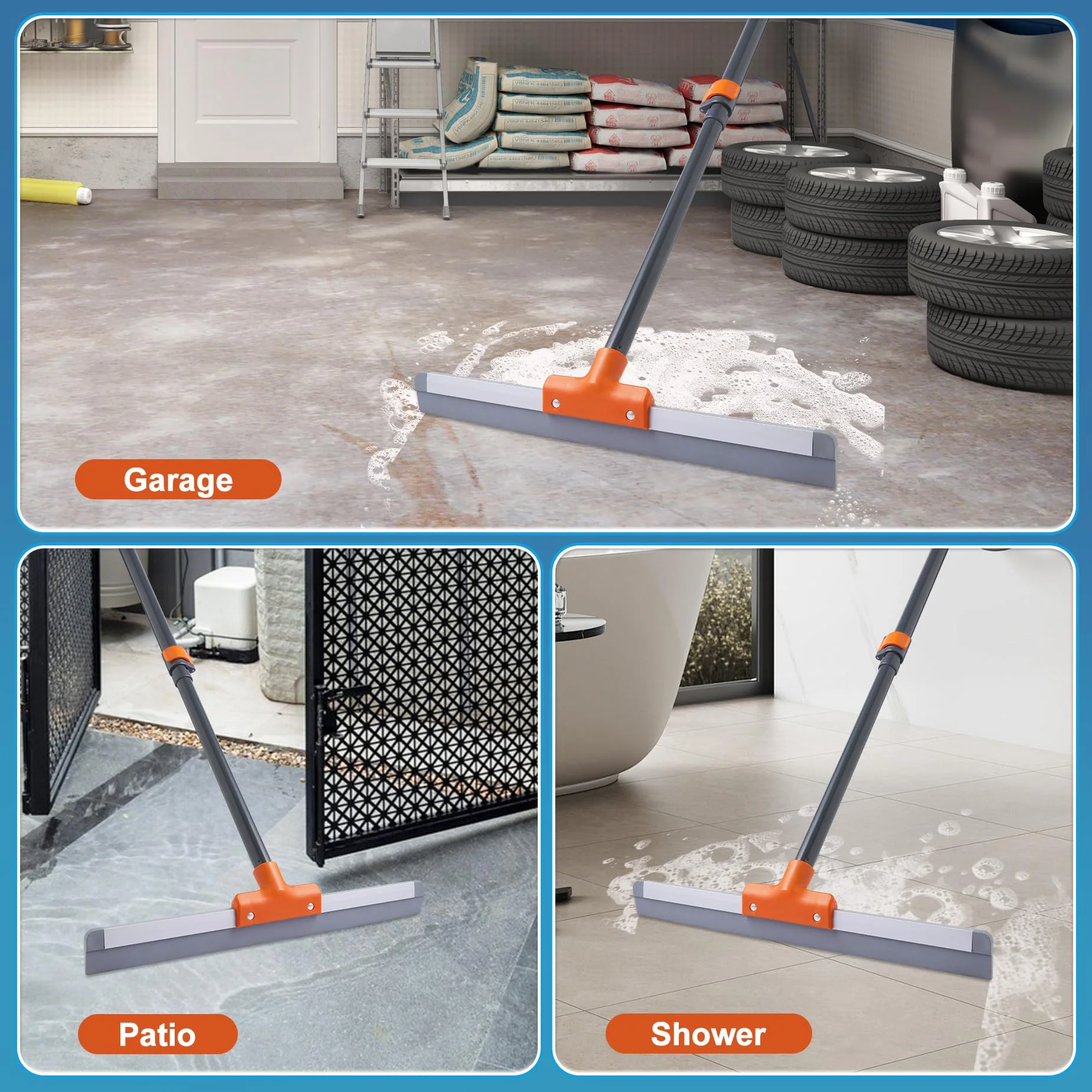 CLEANHOME Rubber Floor Squeegee for Concrete Floor, Tile Floor, Metal Aluminium Heavy Duty Garage Shower Floor Squeegee Broom for Removing Water, Commercial Scrubber Mop with Extendable Long Handle - Image 3