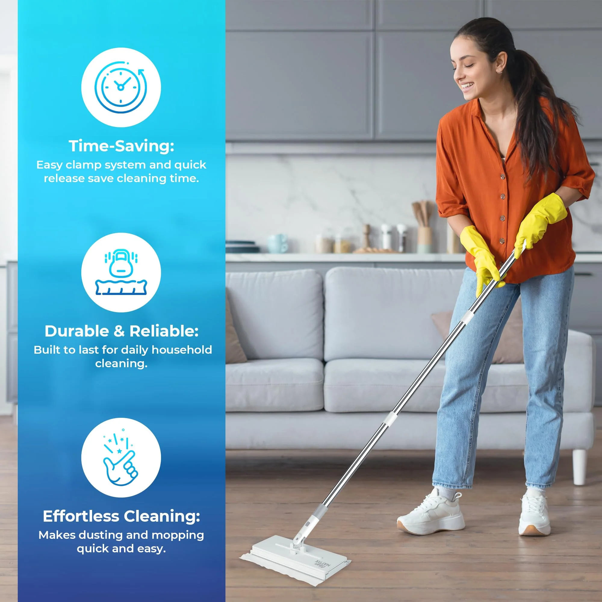 CleanMattix - FlexiClamp Sweep & Mop Kit - Compatible with Swiffer Pads, Durable Cleaning Tool for Hardwood, Tile, Marble & Laminate Floors, Home, Kitchen Cleaning Essentials. (Include 10 Dry Cloths) - Image 2