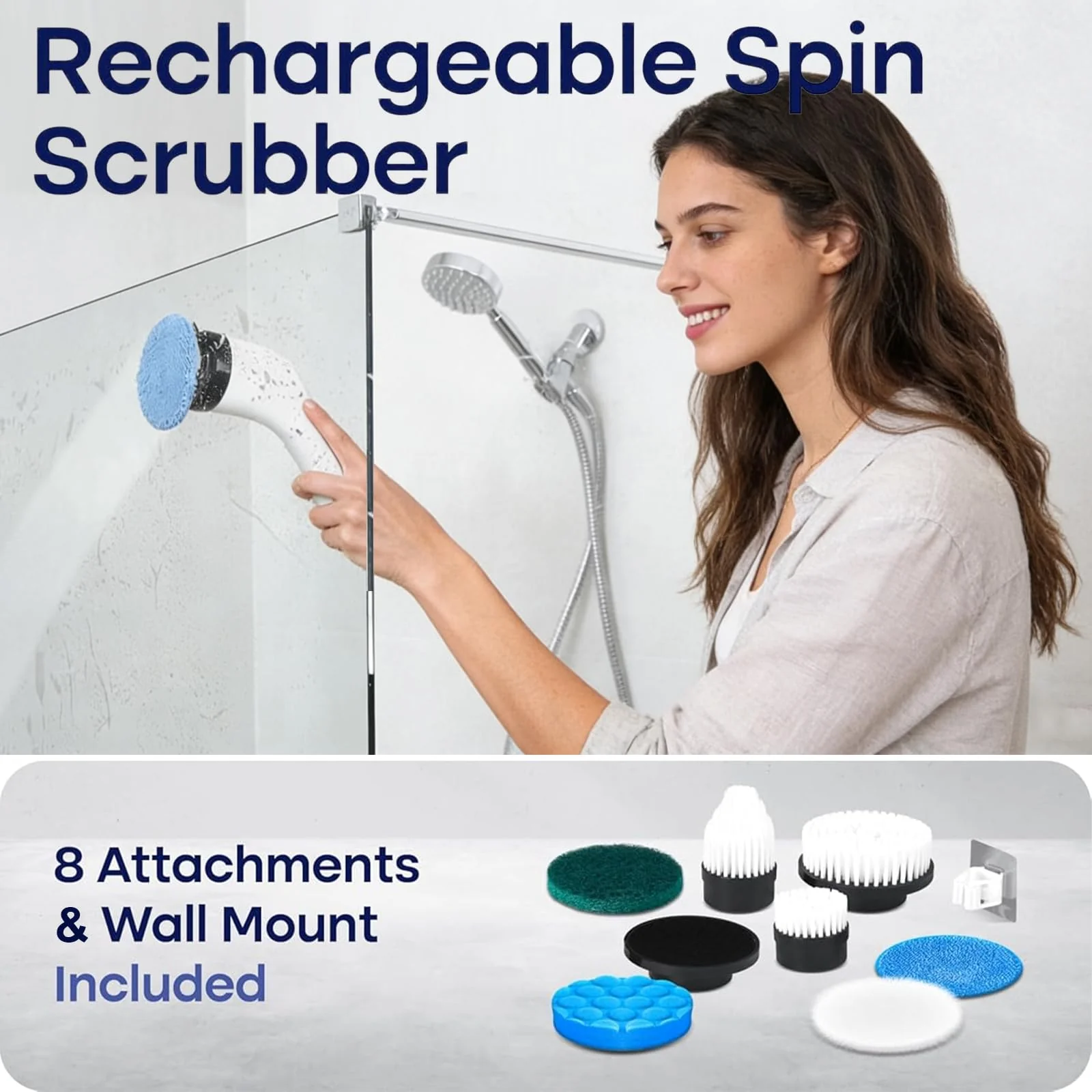 Cleanninja Electric Spin Scrubber for Cleaning, Adjustable Shower Brush with 7 Replaceable Heads & Power LED Display, 2 Speed Waterproof Cordless Shower Scrubber for Bathtub, Kitchen, Car, White - Image 4