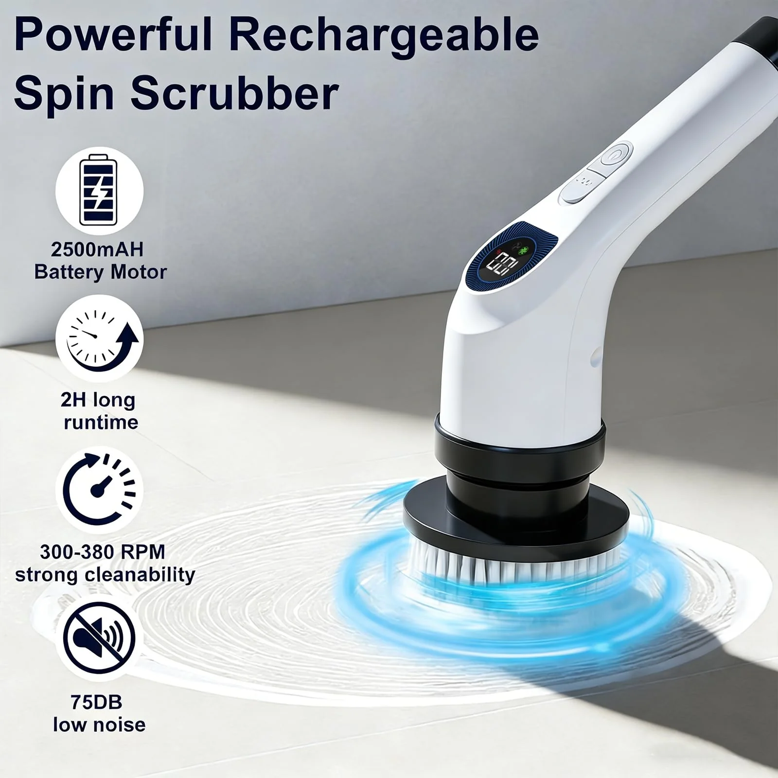 Cleanninja Electric Spin Scrubber for Cleaning, Adjustable Shower Brush with 7 Replaceable Heads & Power LED Display, 2 Speed Waterproof Cordless Shower Scrubber for Bathtub, Kitchen, Car, White - Image 9